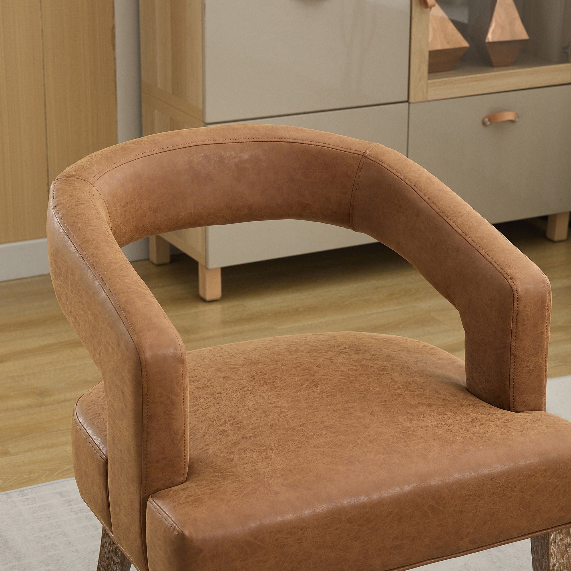 Wide Modern Barrel Open Back Upholstered Accent Chair With Weathered Solid Wood Legs
