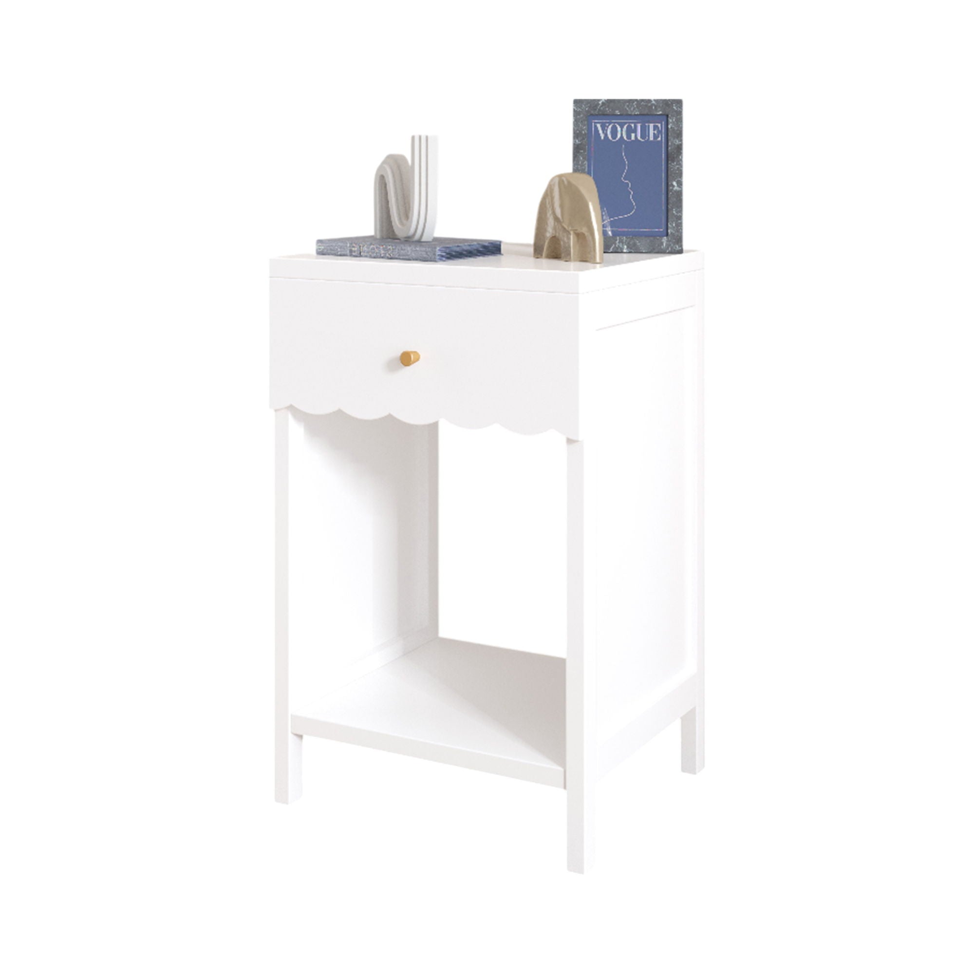 Nightstand With Drawer And Open Shelf, Scalloped Edge Bedside Table