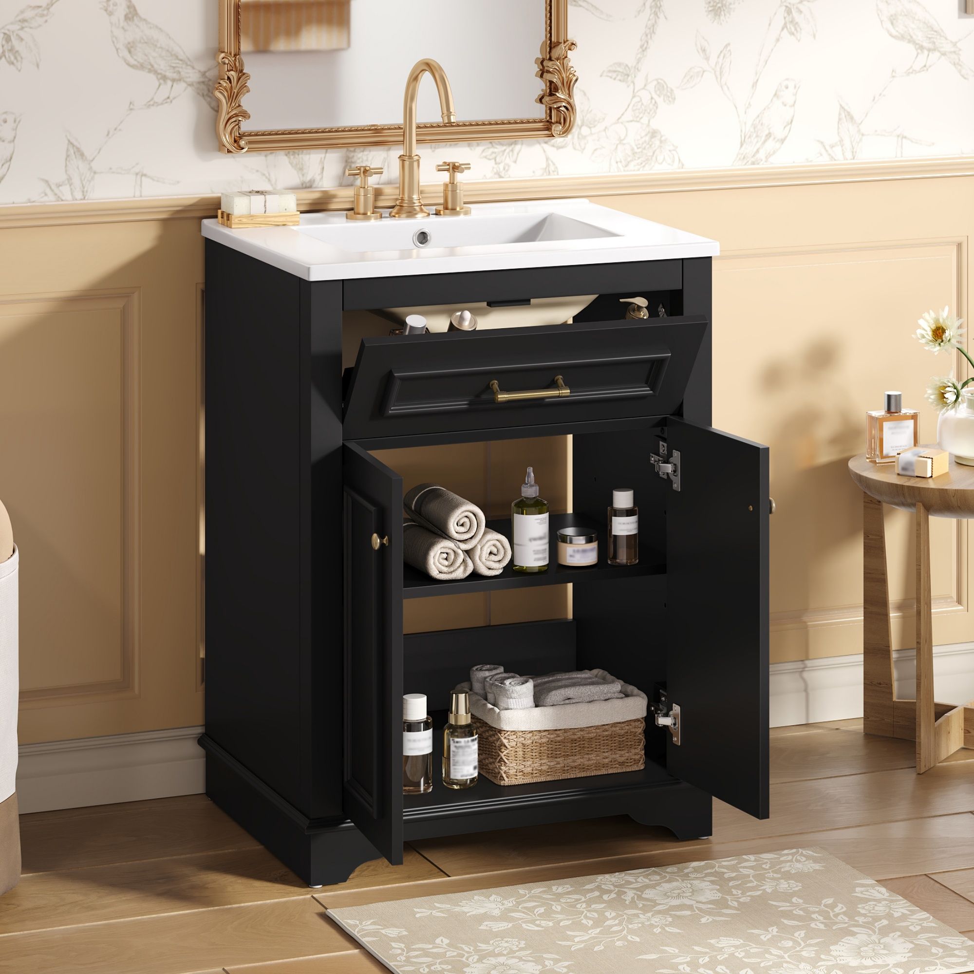 Bathroom Vanity With Integrated Sink, 2 Door Cabinet With Tip Out Drawer, Rectangular Design