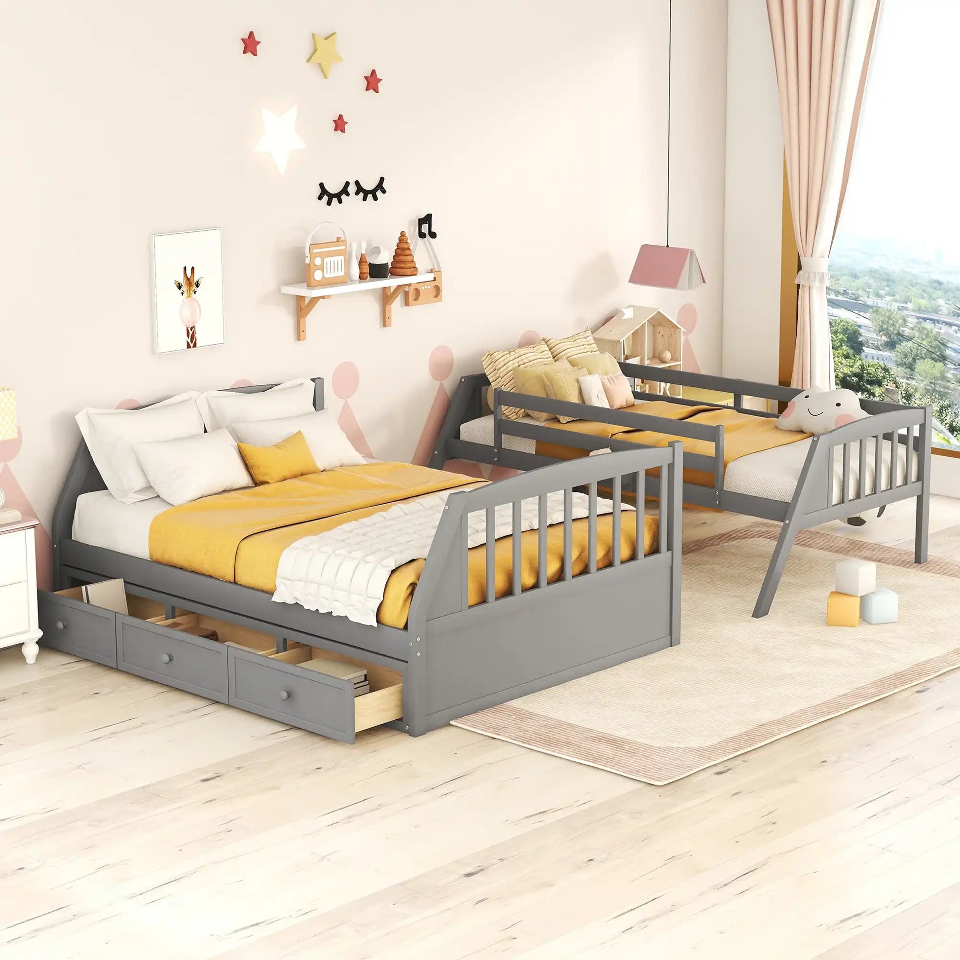 Twin-Over-Full Bunk Bed with Drawers，Ladder and Storage Staircase, Gray - Best Buy Furniture