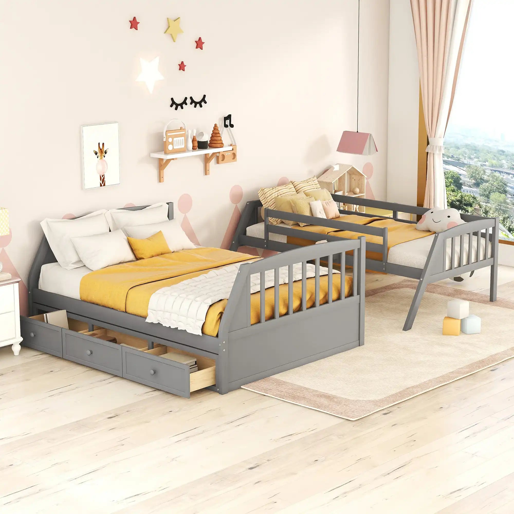 Twin-Over-Full Bunk Bed with Drawers，Ladder and Storage Staircase, Gray - Best Buy Furniture