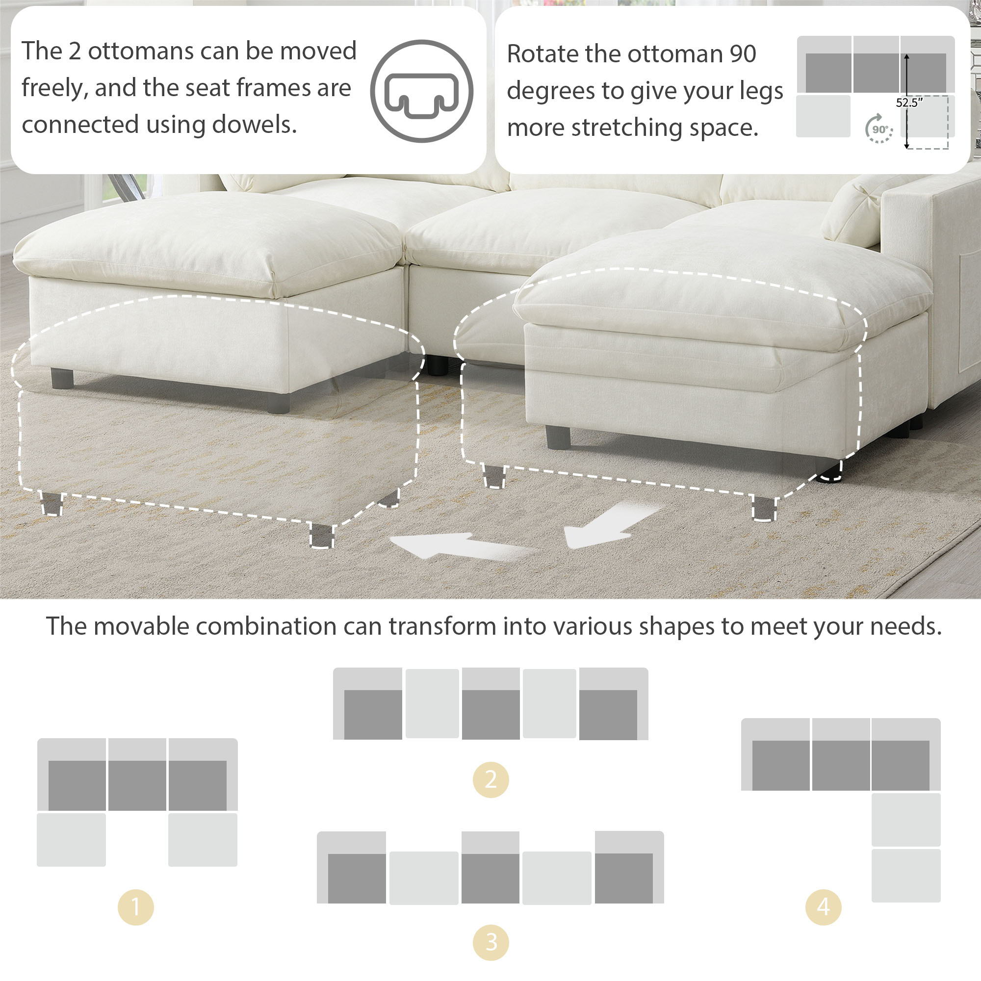 Modular Sectional With Storage Pockets, 5 Seat U Shaped Couch Set With Pillows, Free Combination Modern Cloud Sofa With 2 Movable Ottoman