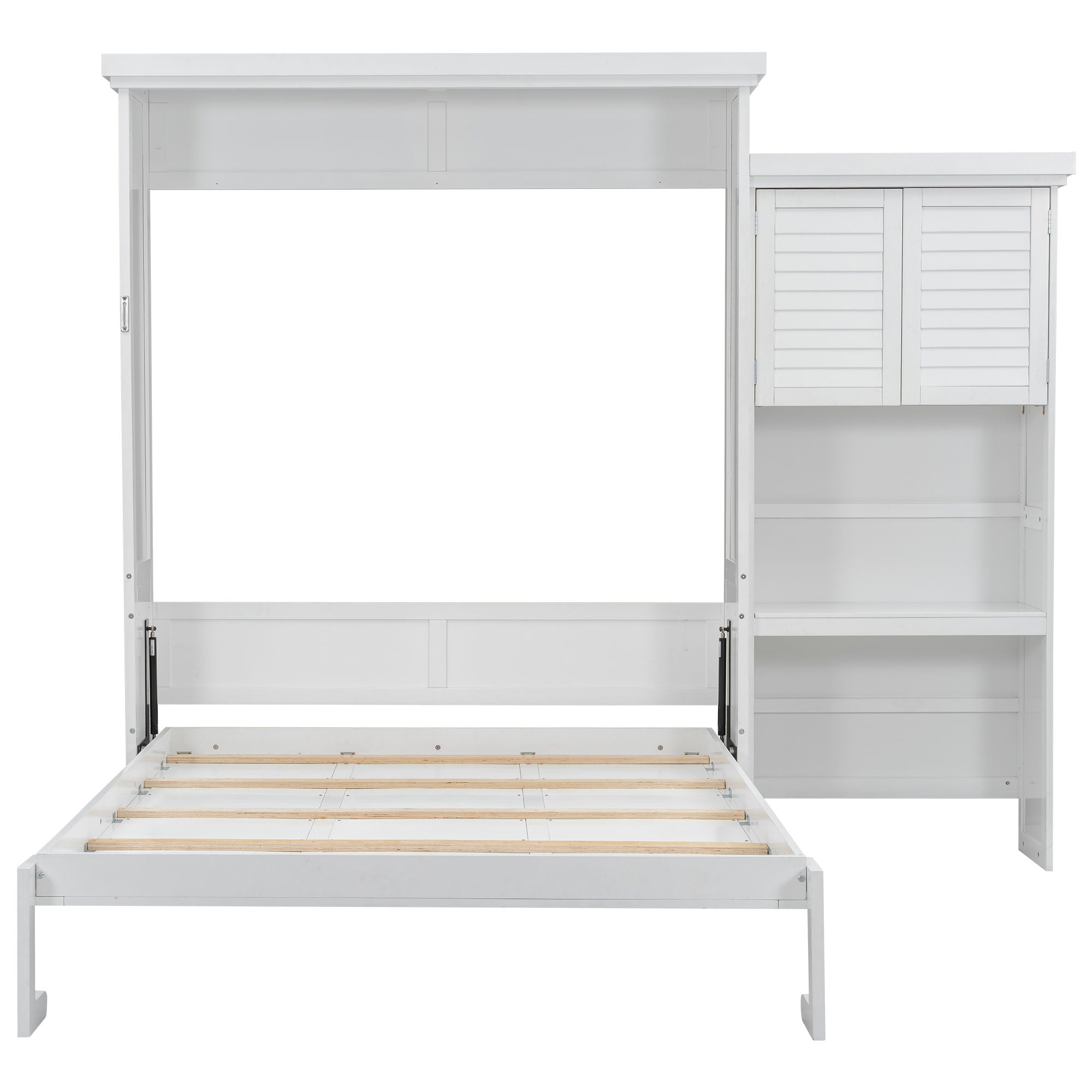 Queen Size Murphy Bed With Louvered Design And Multiple Storage Shelves - White