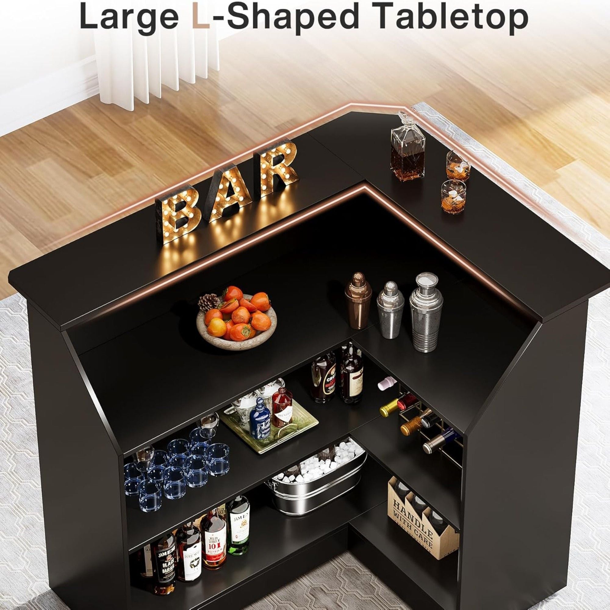 L-Shaped Home Bar Cabinet With Stemware Racks, 4 Tier Corner Unit, Liquor Wine Bar Table & Reception Desk For Home Pub - Black