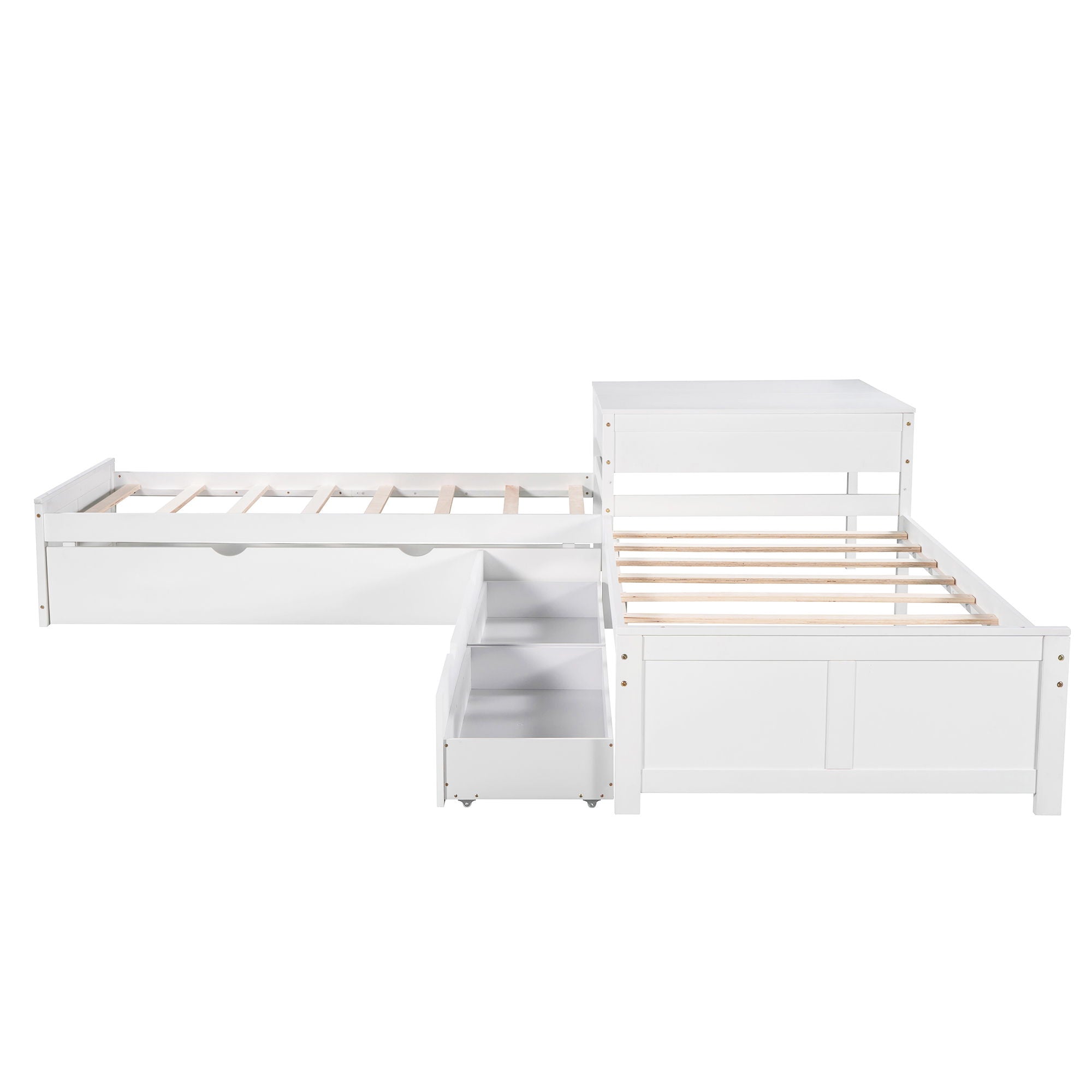 L Shaped Platform Bed With Trundle And Drawers Linked With Built In Desk