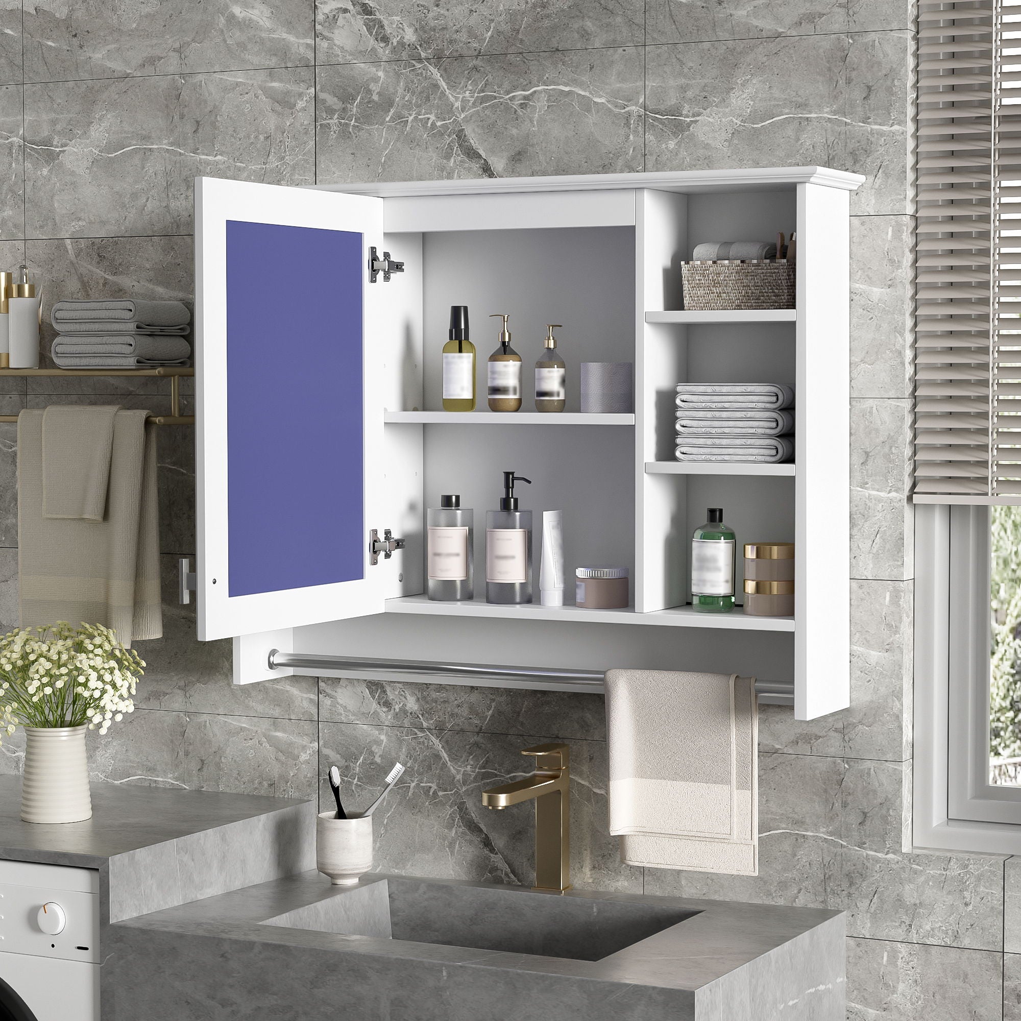 Modern Wall Mounted Mirror Cabinet With Adjustable Shelf, Soft Close Door, And Towel Bar