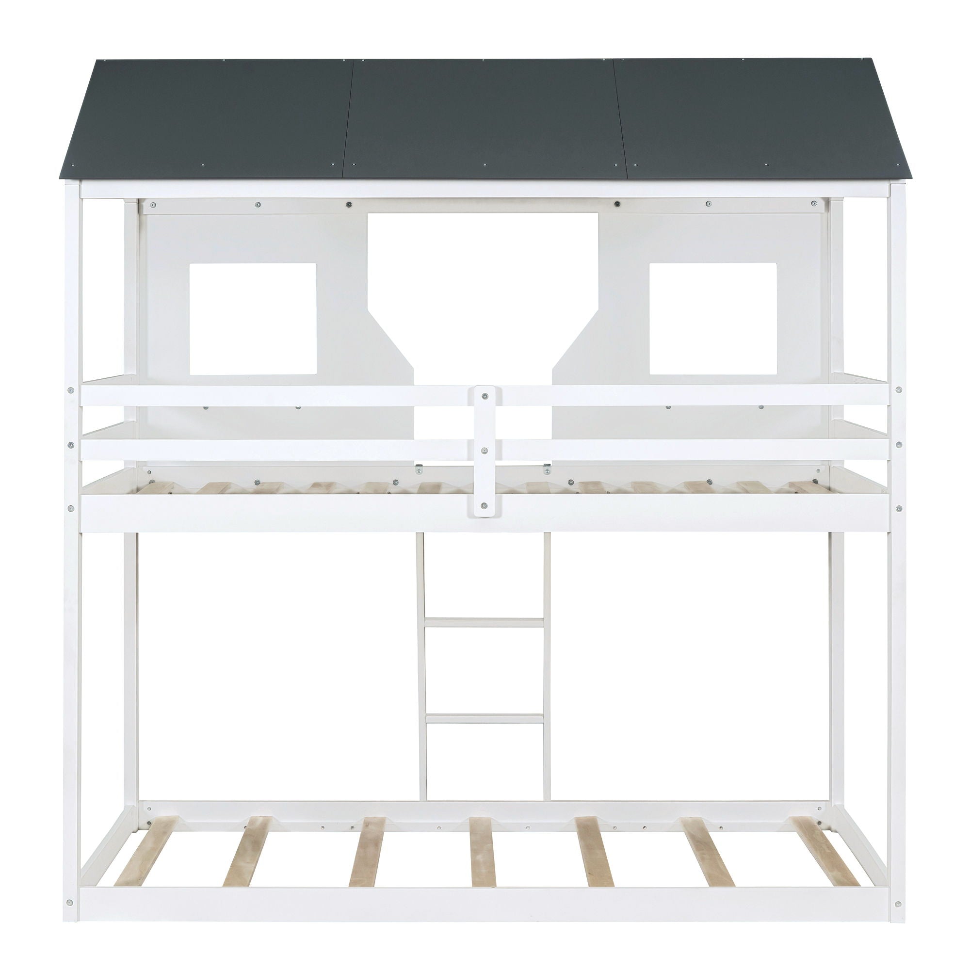 Twin Over Twin Bunk Bed With Roof, Window, Guardrail, Ladder