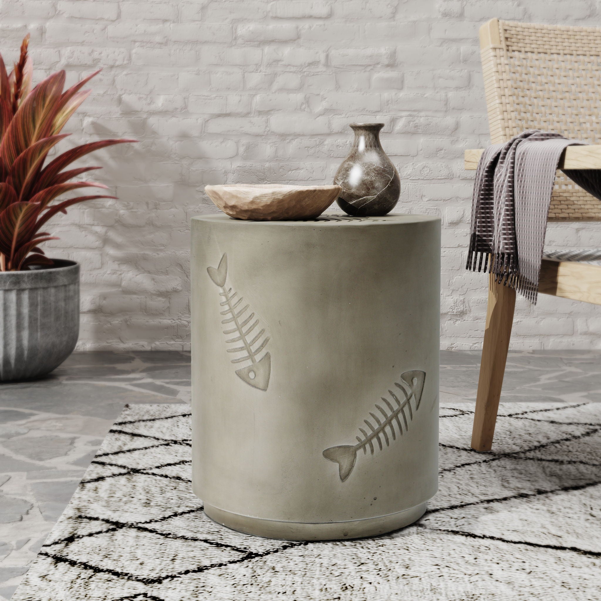 Rustic Magnesium Oxide Side Table With Fish Pattern Design - Gray