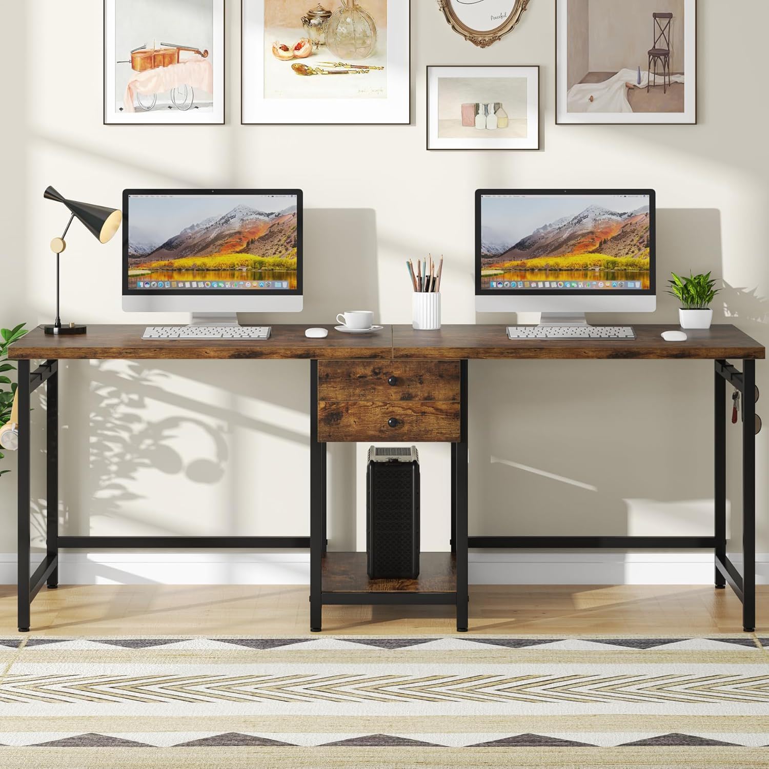 2 Person Computer Desk With Drawers And Shelves, Extra Long Double Workstation