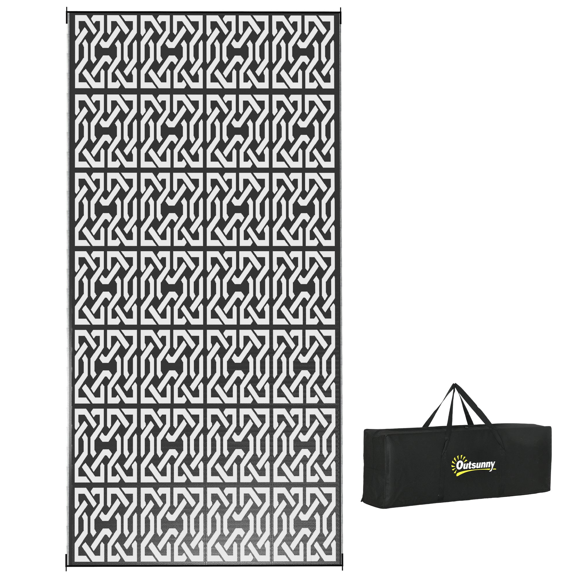 Reversible outdoor rug, 9' x 18' waterproof plastic straw floor mat,  black & white chain