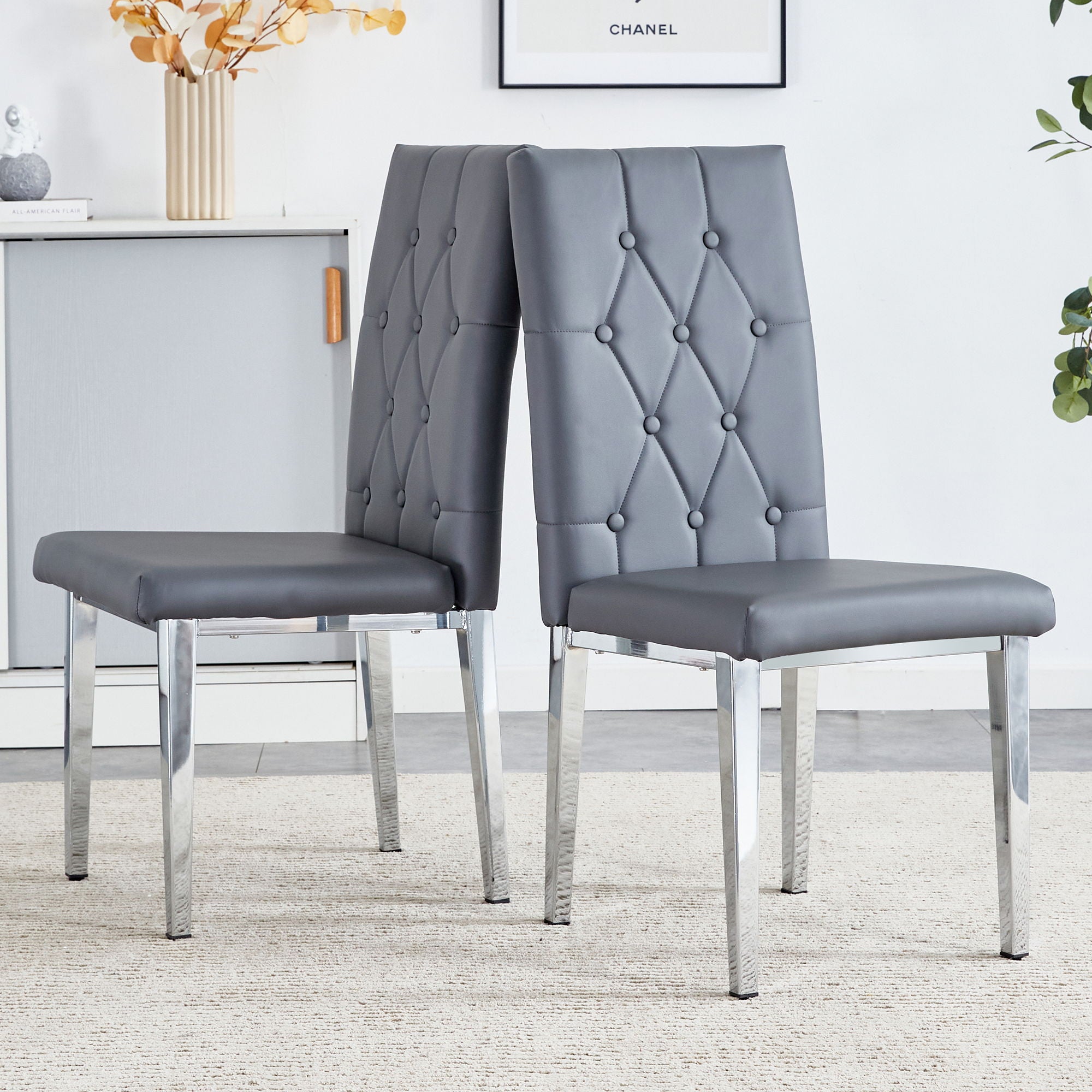 Vintage Style Armless Dining Chairs Set With Grid And Buckle Design