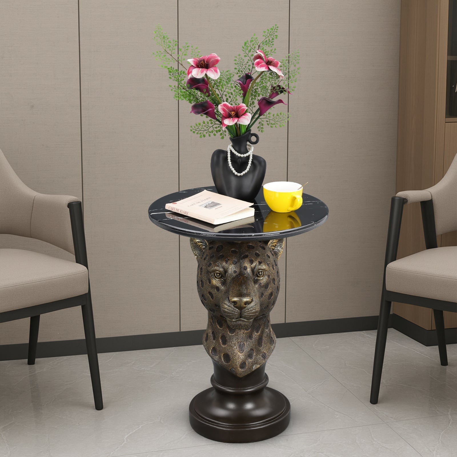Leopard Head Accent Table Animal Statue End Table