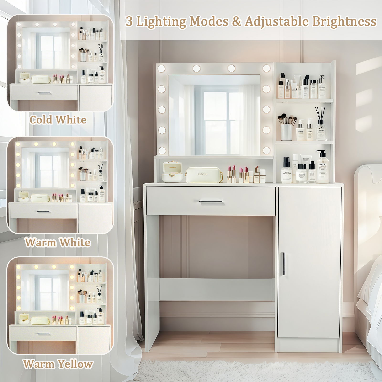 Vanity Desk With Mirror And Adjustable LED Lights, 3 Lighting Modes, Drawer And Storage Cabinet - White