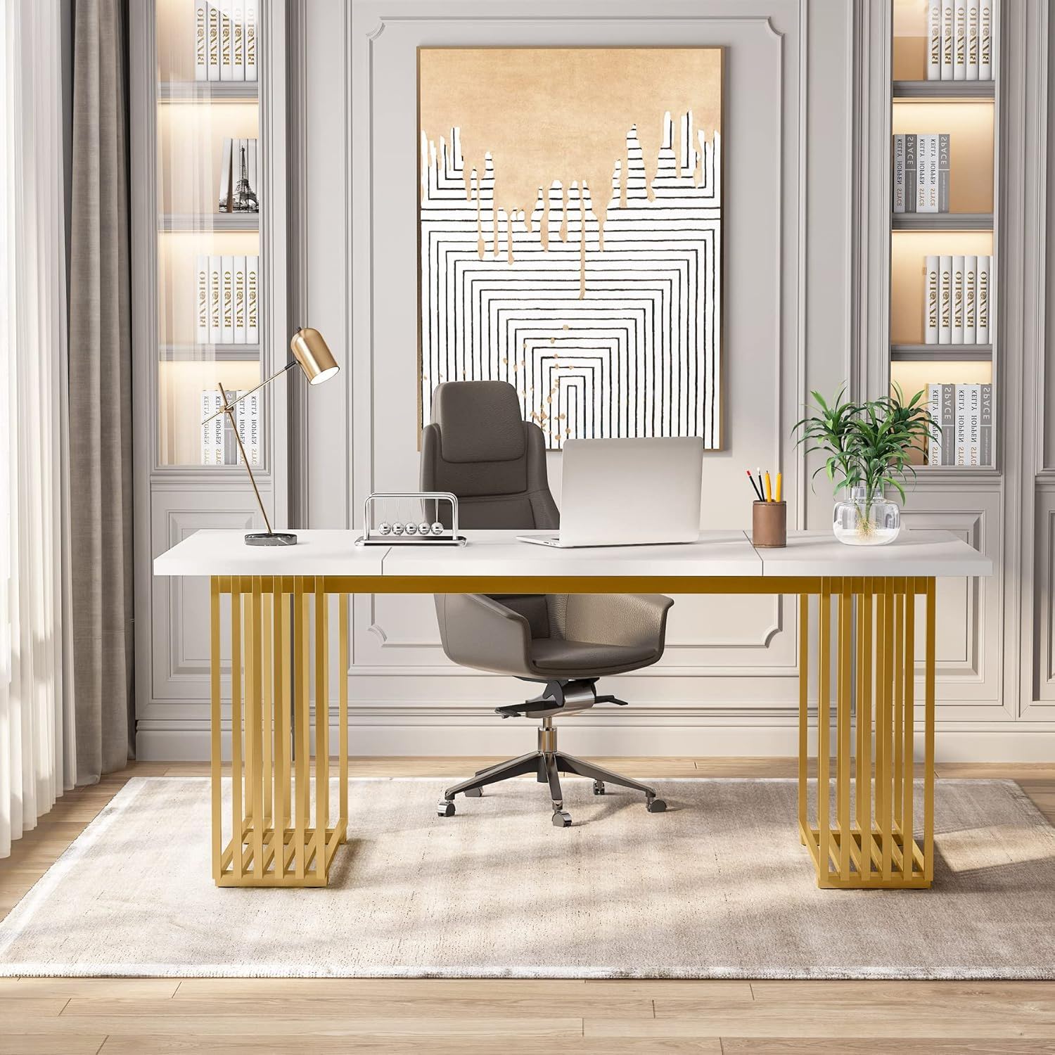Office Executive Desk For Home Office - White / Gold