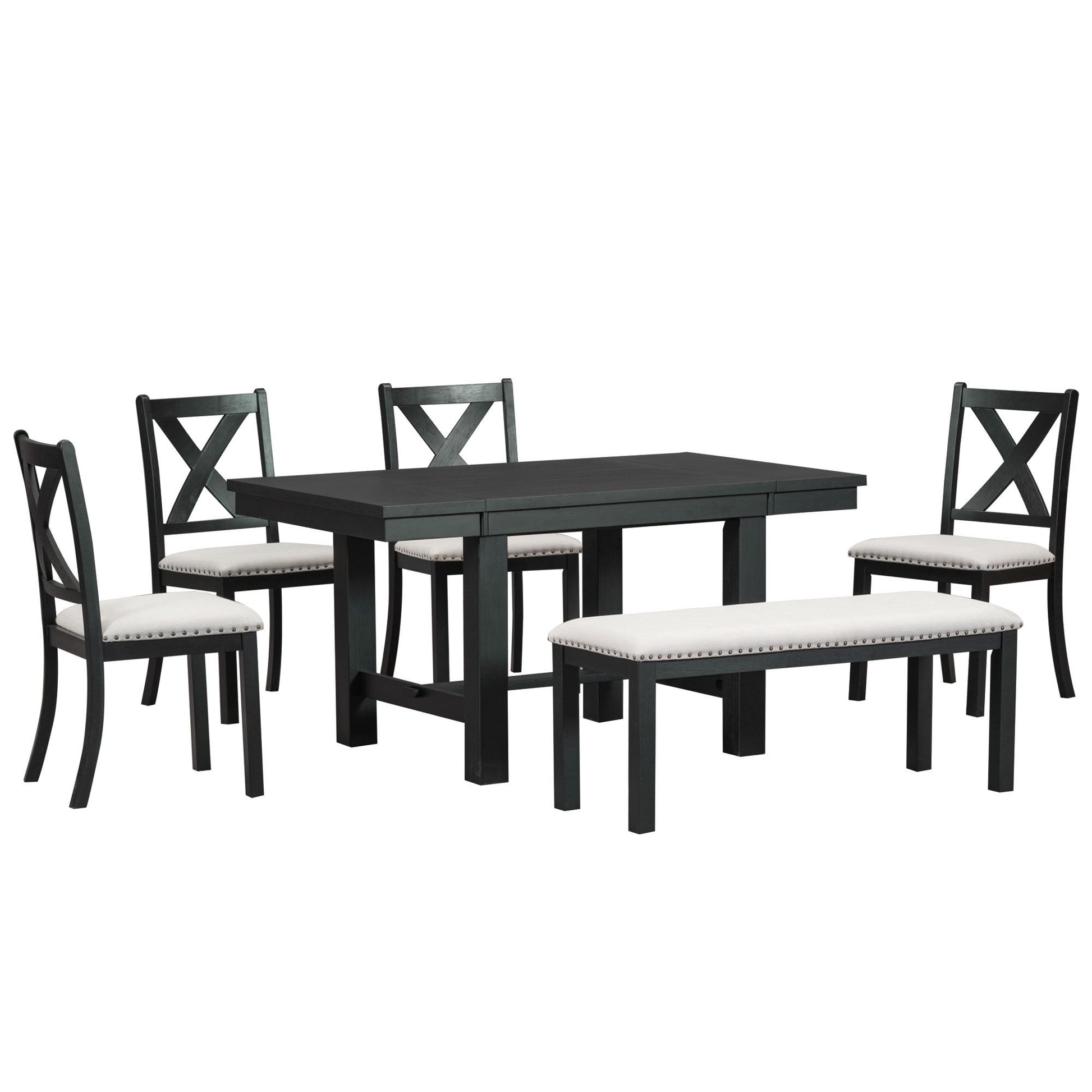 Topmax - 6 Piece Farmhouse Extendable Dining Table With Footrest, 4 Upholstered Dining Chairs And Dining Bench, Two 11" Removable Leaf - Best Buy Furniture