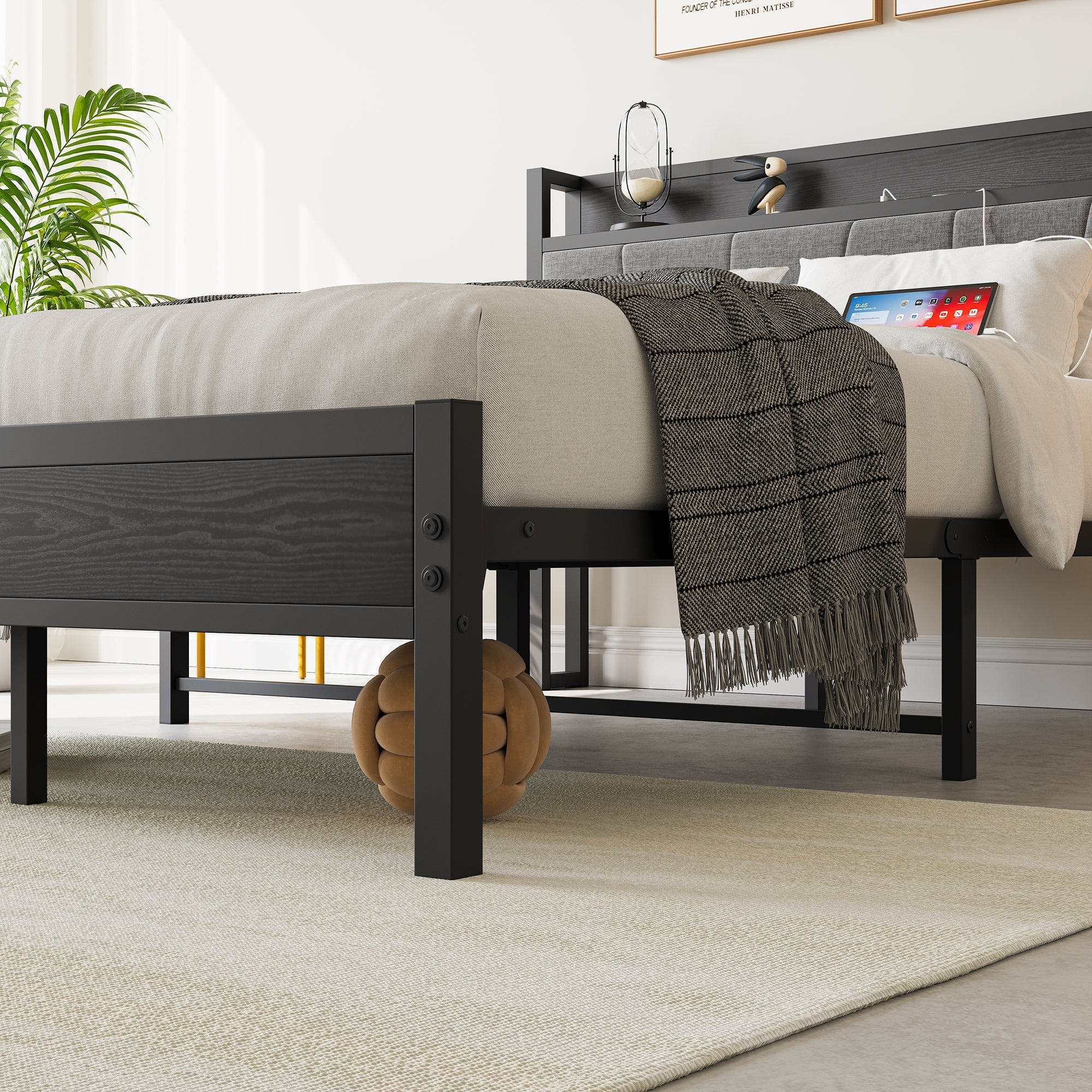 Full Size Bed Frame Storage Headboard with Charging Station