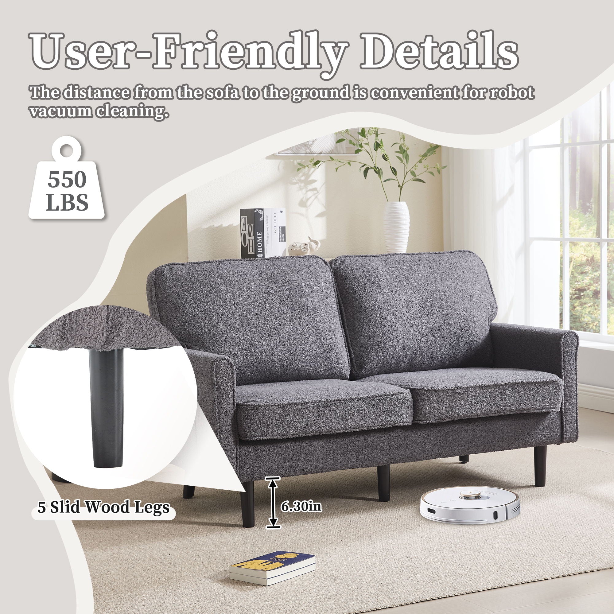 Mid Century Modern Loveseat Sofa With USB Ports, Removable Pillow Cover