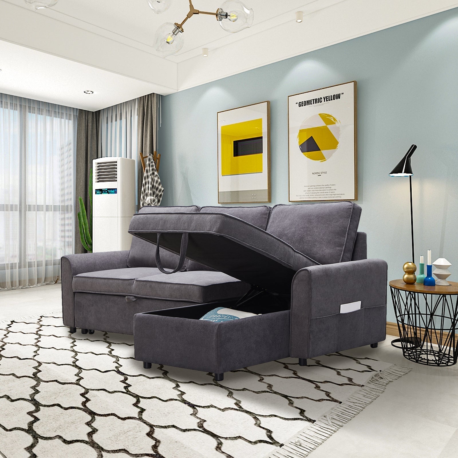 Modern Modular L-Shaped Sofa Bed with Chaise Dark Grey Linen