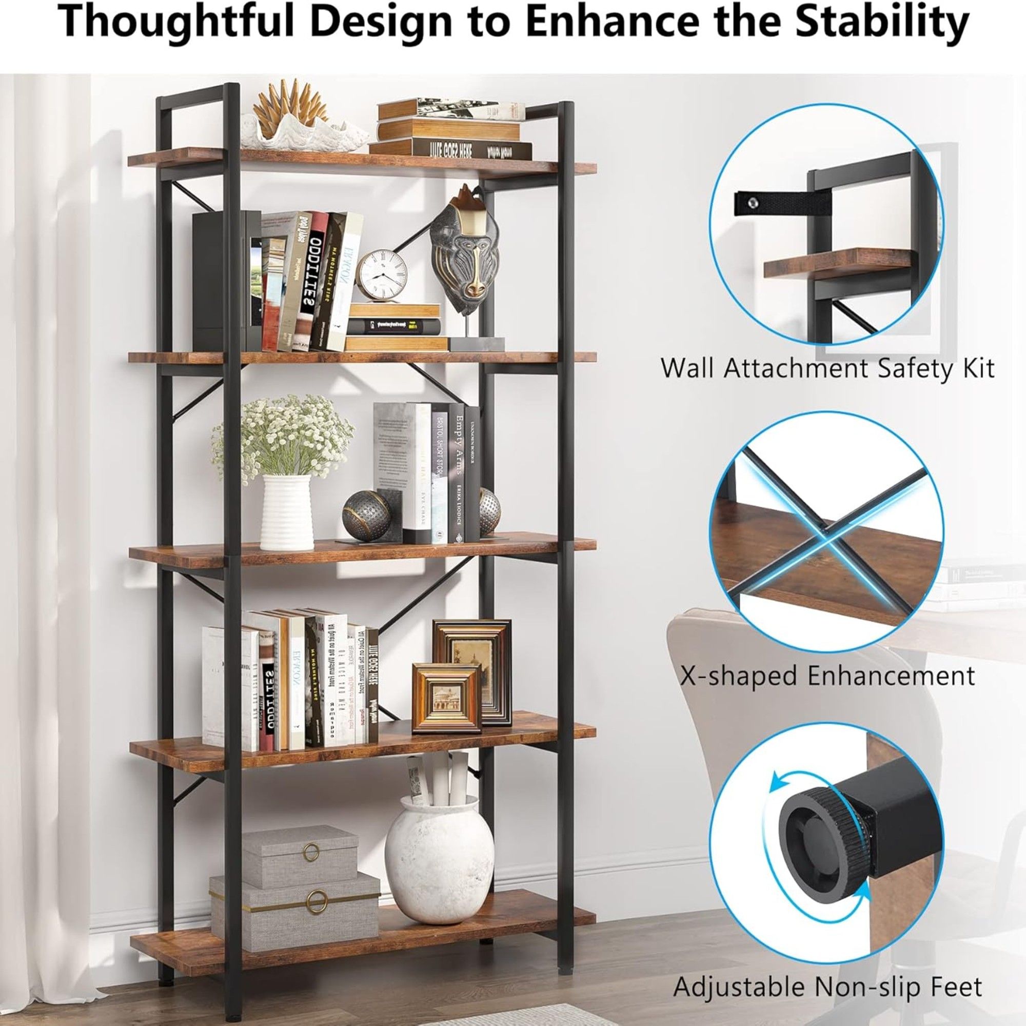 5 Tier Bookshelf Unit With Accents For Living Room - Black / Brown