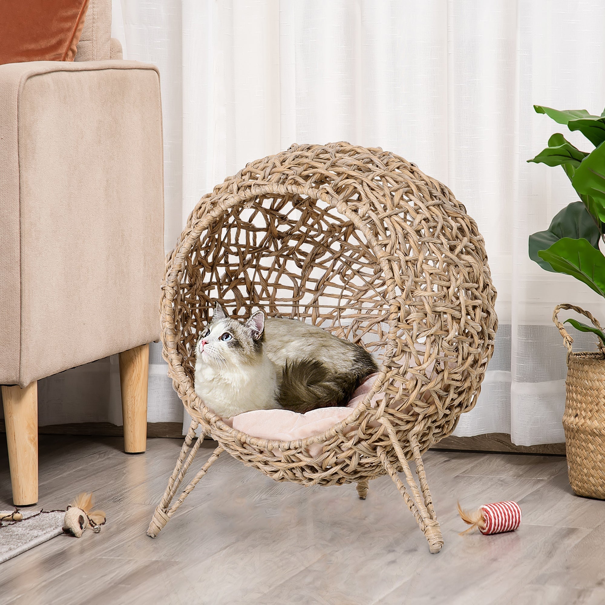 20.5' Weaved Banana Leaf Cat Bed with Cushion Beige