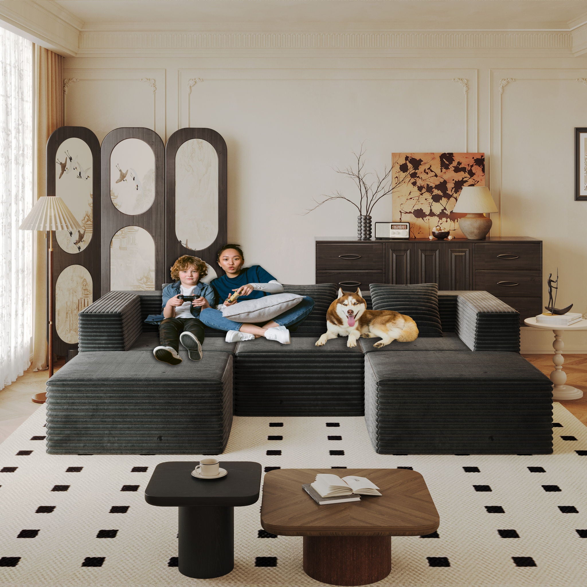 Compression Sofa With 2 Ottomans