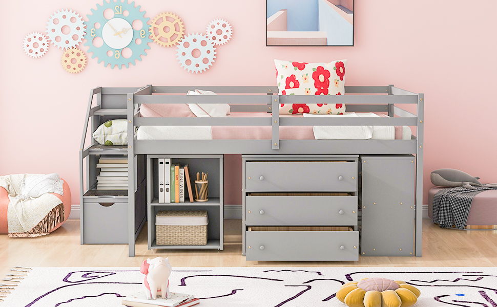 Loft Bed With Retractable Writing Desk And 3 Drawers With Storage Stairs And Shelves