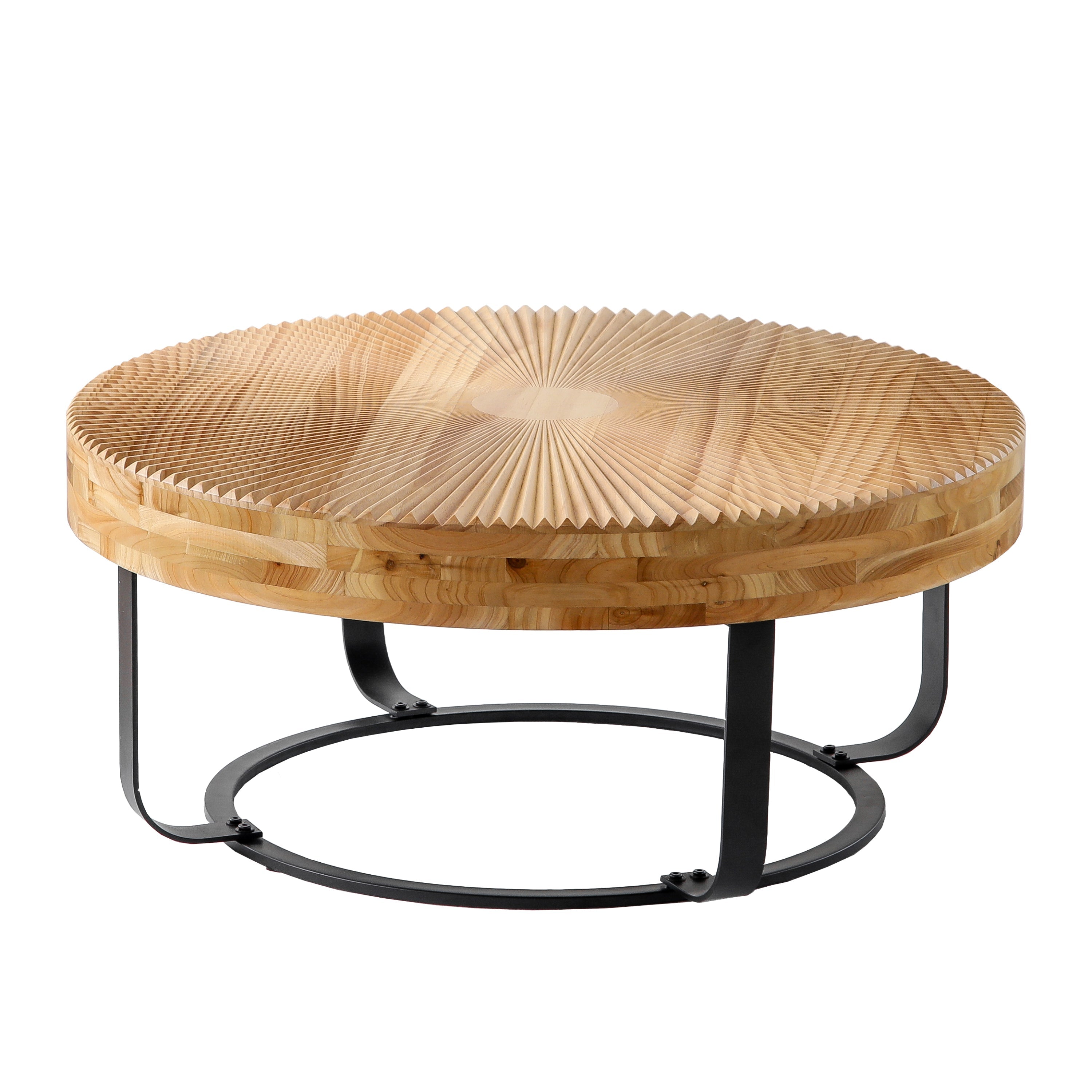 Modern Round Coffee Table with Wooden Carving Pattern and Metal Legs