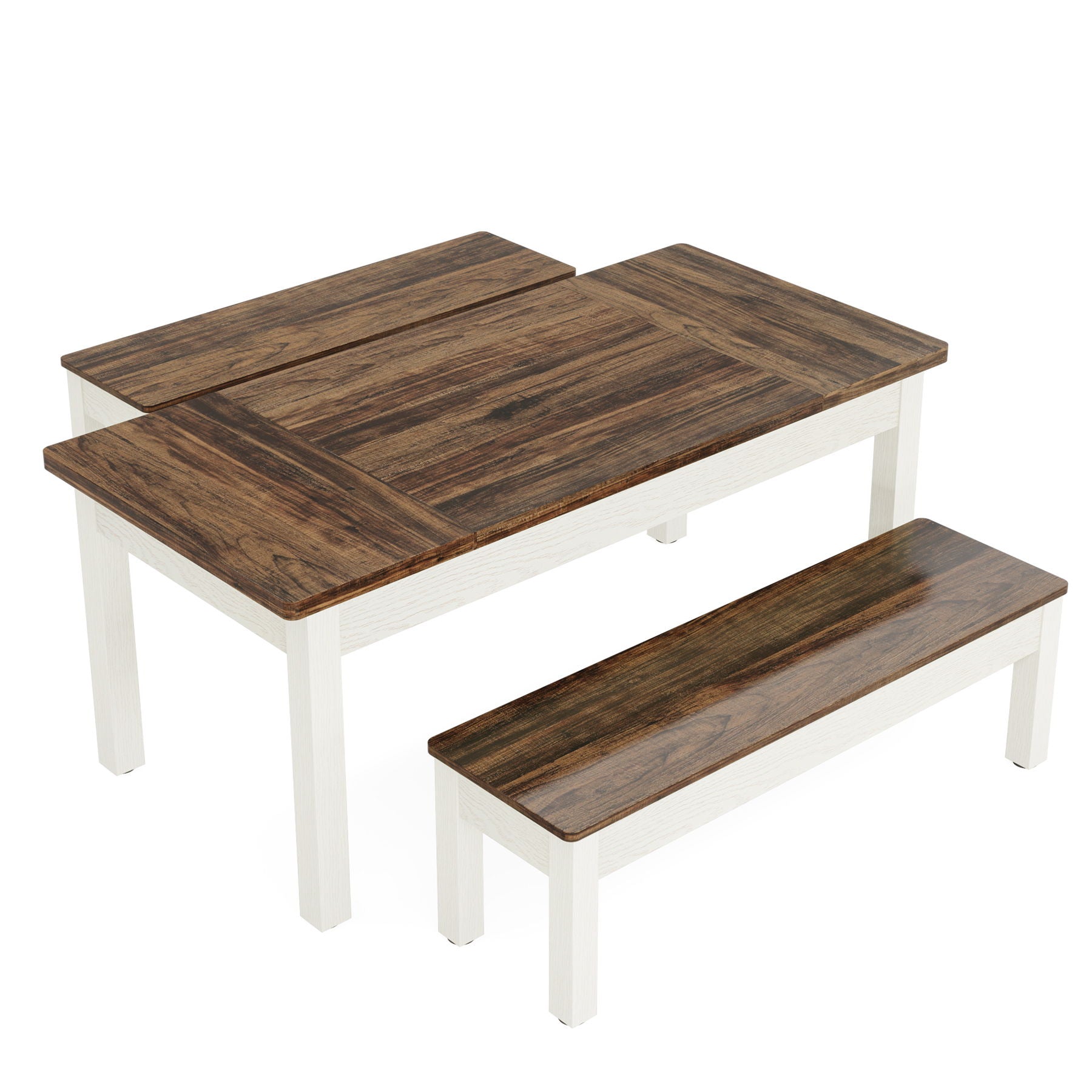 Dining Table Set For 4 - 6 With Tuck Under Benches - Brown / White