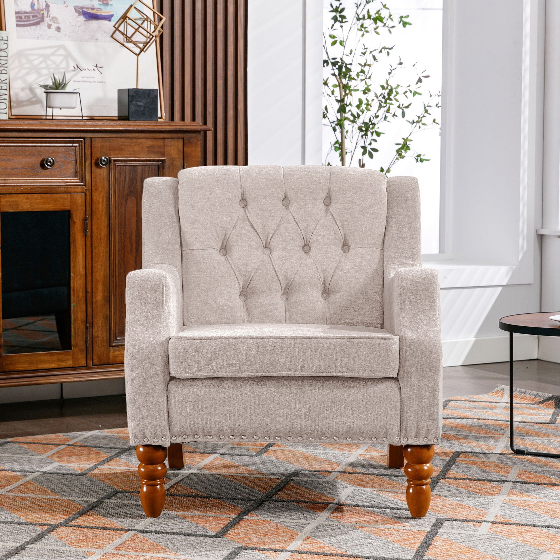 Accent Chair, Living Room Chair, Footrest Chair Set With Vintage Brass Studs, Button Tufted Upholstered Armchair For Living Room, Comfy Reading Chair For Bedroom, Reception Room - Best Buy Furniture