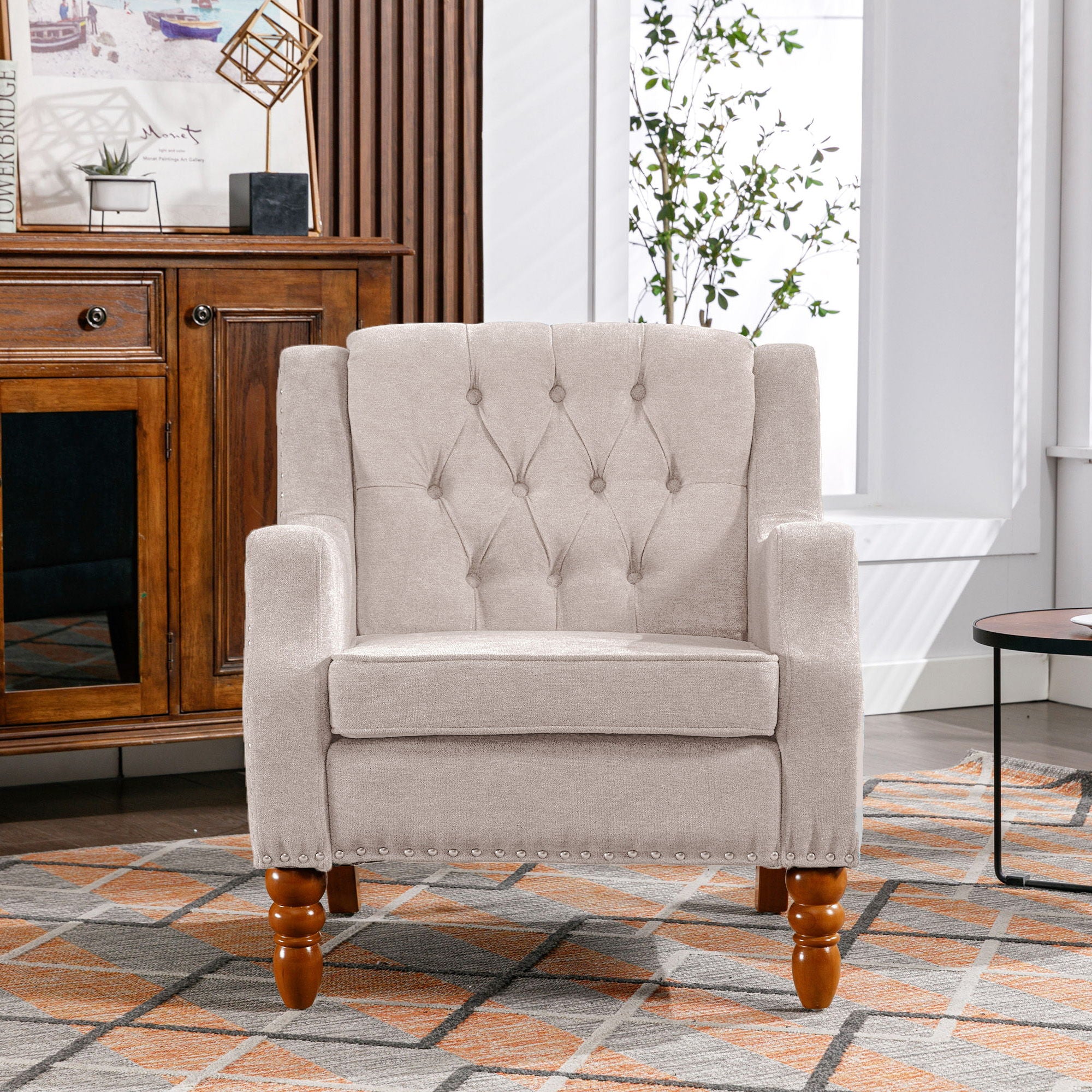 Accent Chair, Living Room Chair, Footrest Chair Set With Vintage Brass Studs, Button Tufted Upholstered Armchair For Living Room, Comfy Reading Chair For Bedroom, Reception Room - Best Buy Furniture