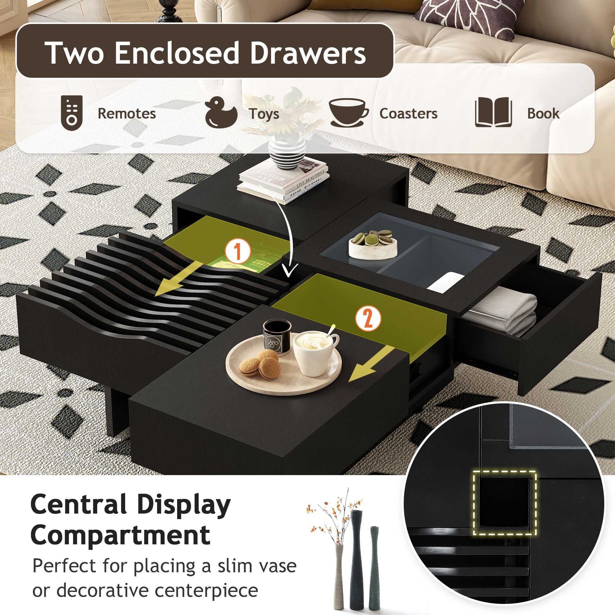 Unique Square Coffee Table With 3 Drawers