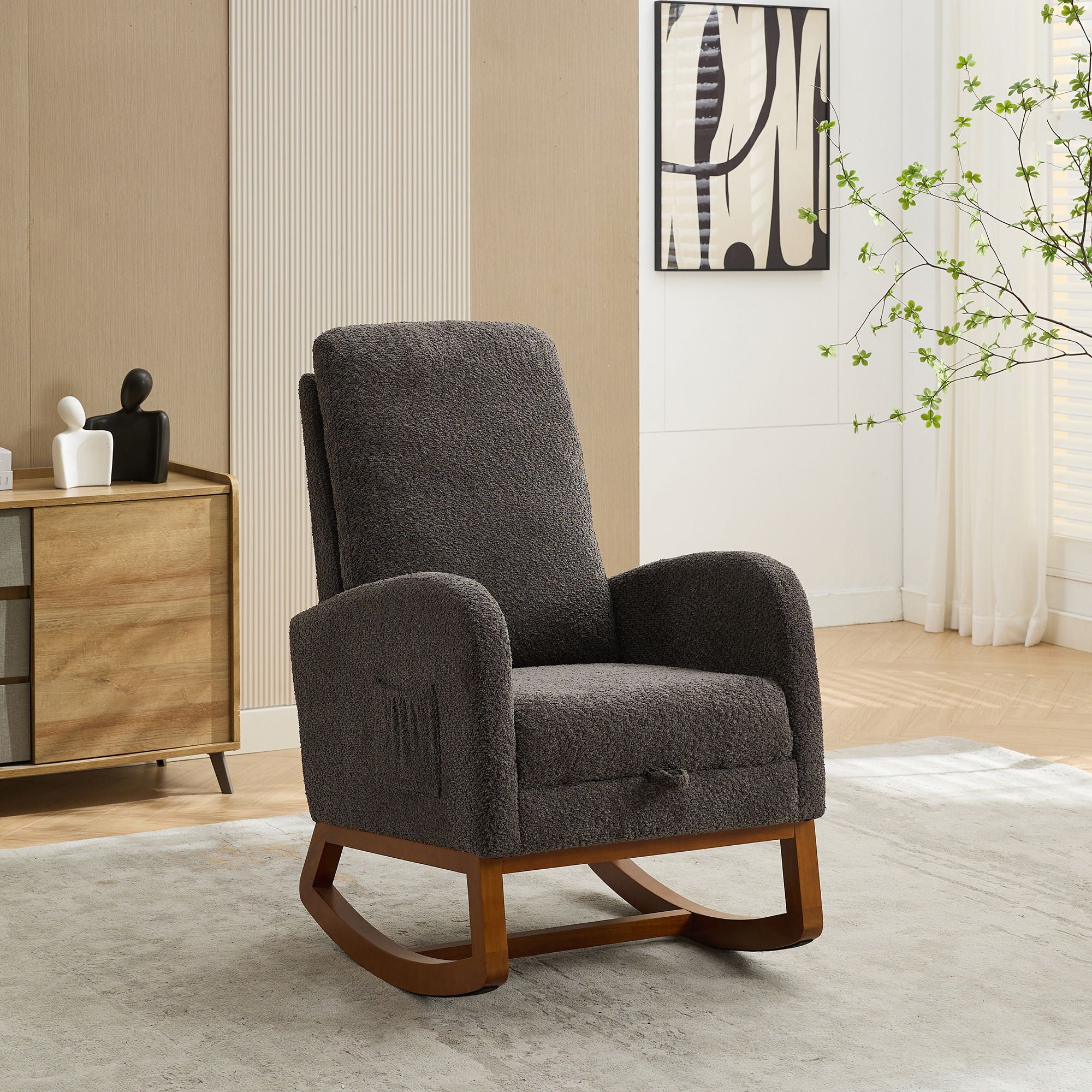 Rocking High Back Glider Chair With Retractable Footrest, Side Pocket