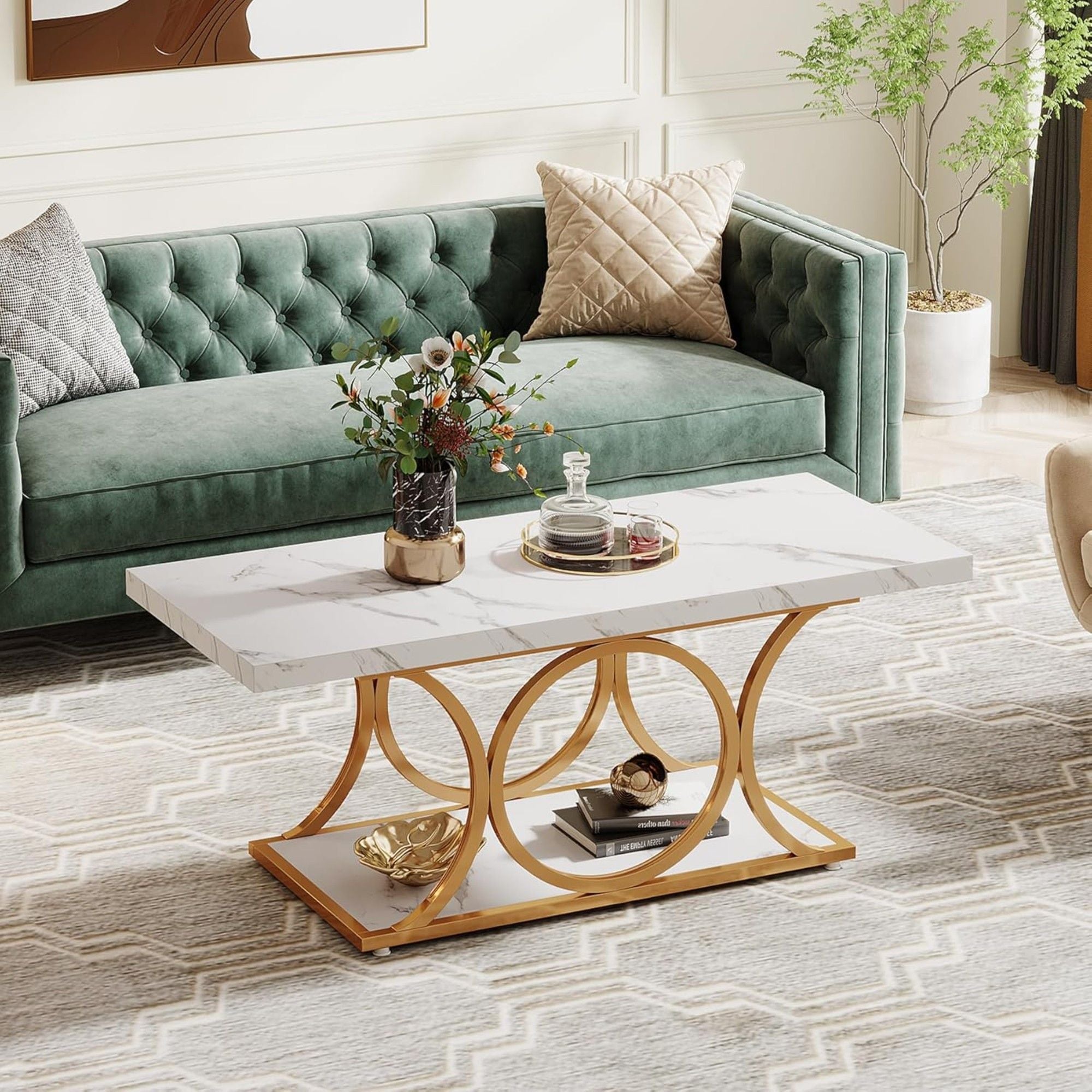 Rectangle Coffee Table, 2 Tier With Geometric Legs, Furniture With Storage Shelf - White / Gold