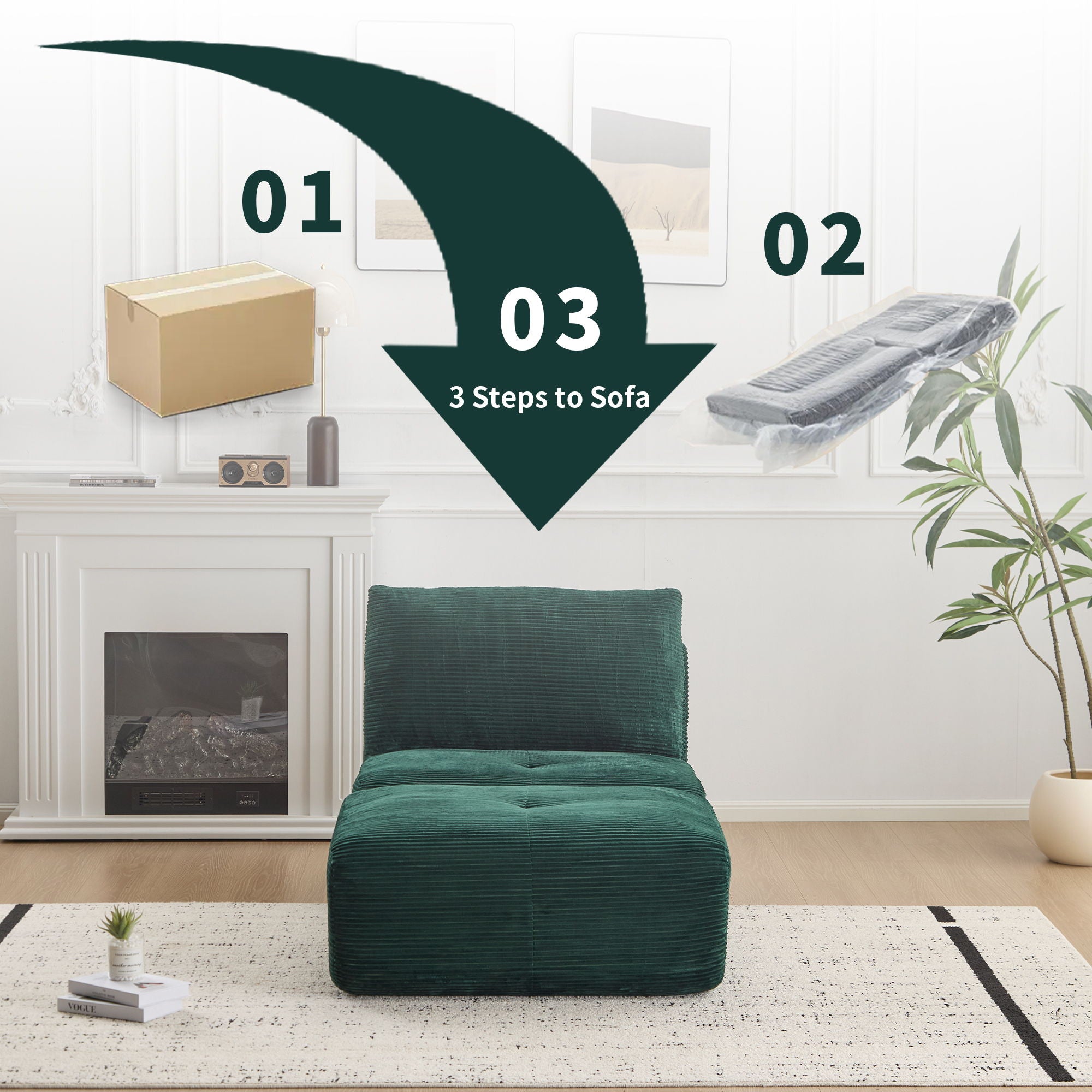 Compressed Sofa, Single Chaise Longue, Movable Ottoman For Living Room - Green