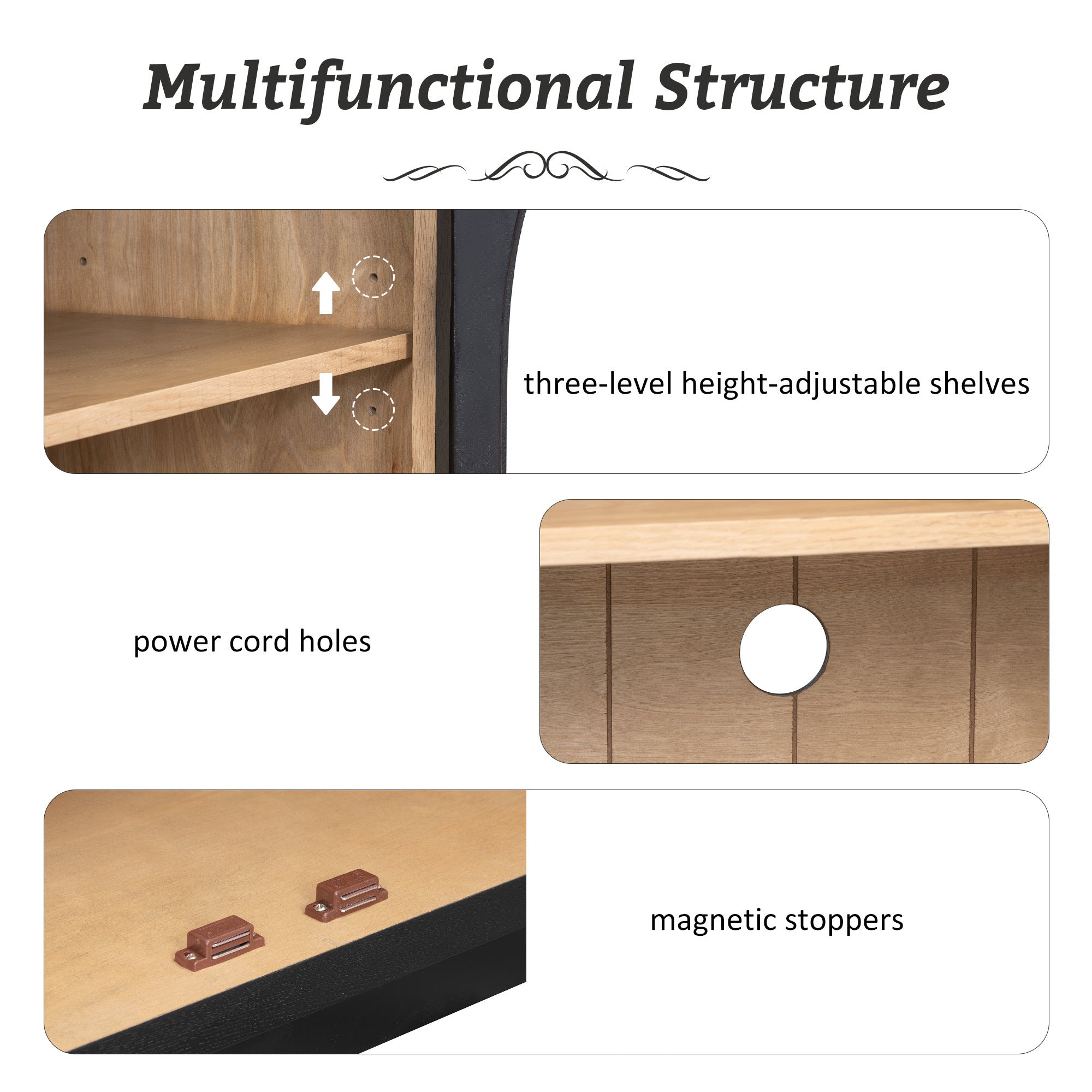 4-Door Large Storage Sideboard Buffet Cabinet with Glass Doors Arched Cabinet (Black)