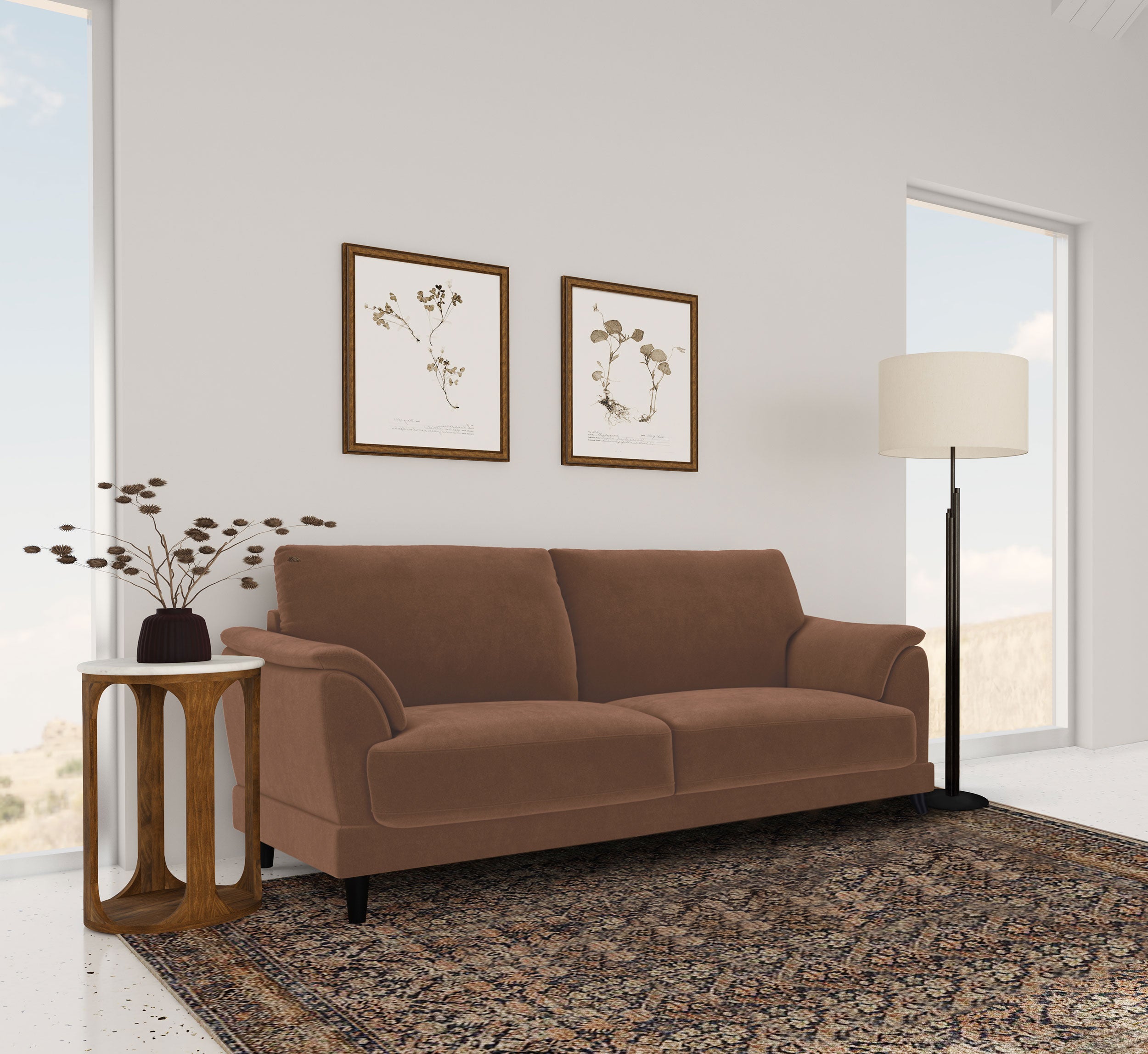 Selma Velvet Upholstered Crescent Arm Sofa Rust-
