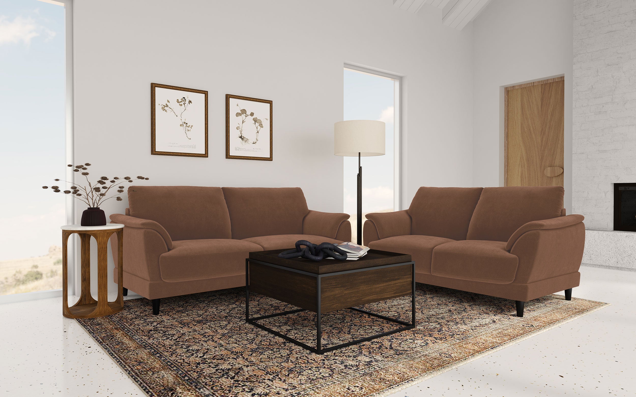 Selma Velvet Upholstered Crescent Arm Sofa Rust-
