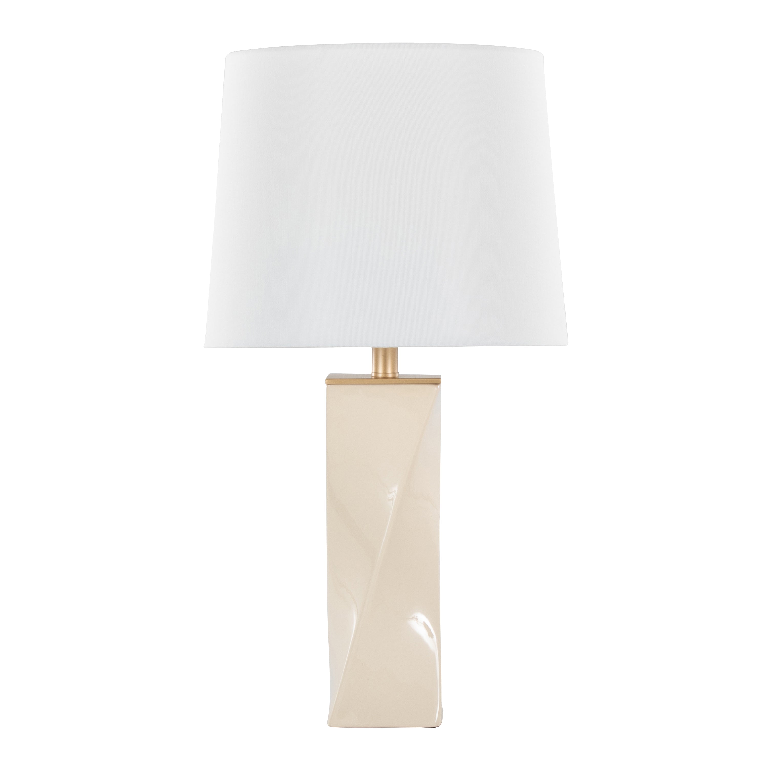 Curvo Square 27" Ceramic Table Lamp in Cream Ceramic, Gold Metal, and White Linen
