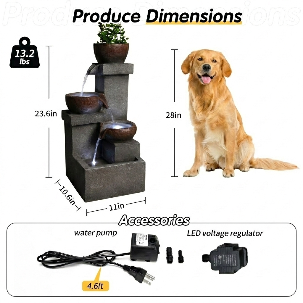 Outdoor Water Fountain Tiered Cascading Jar Waterfall Resin Garden Patio Decor with LED Lights