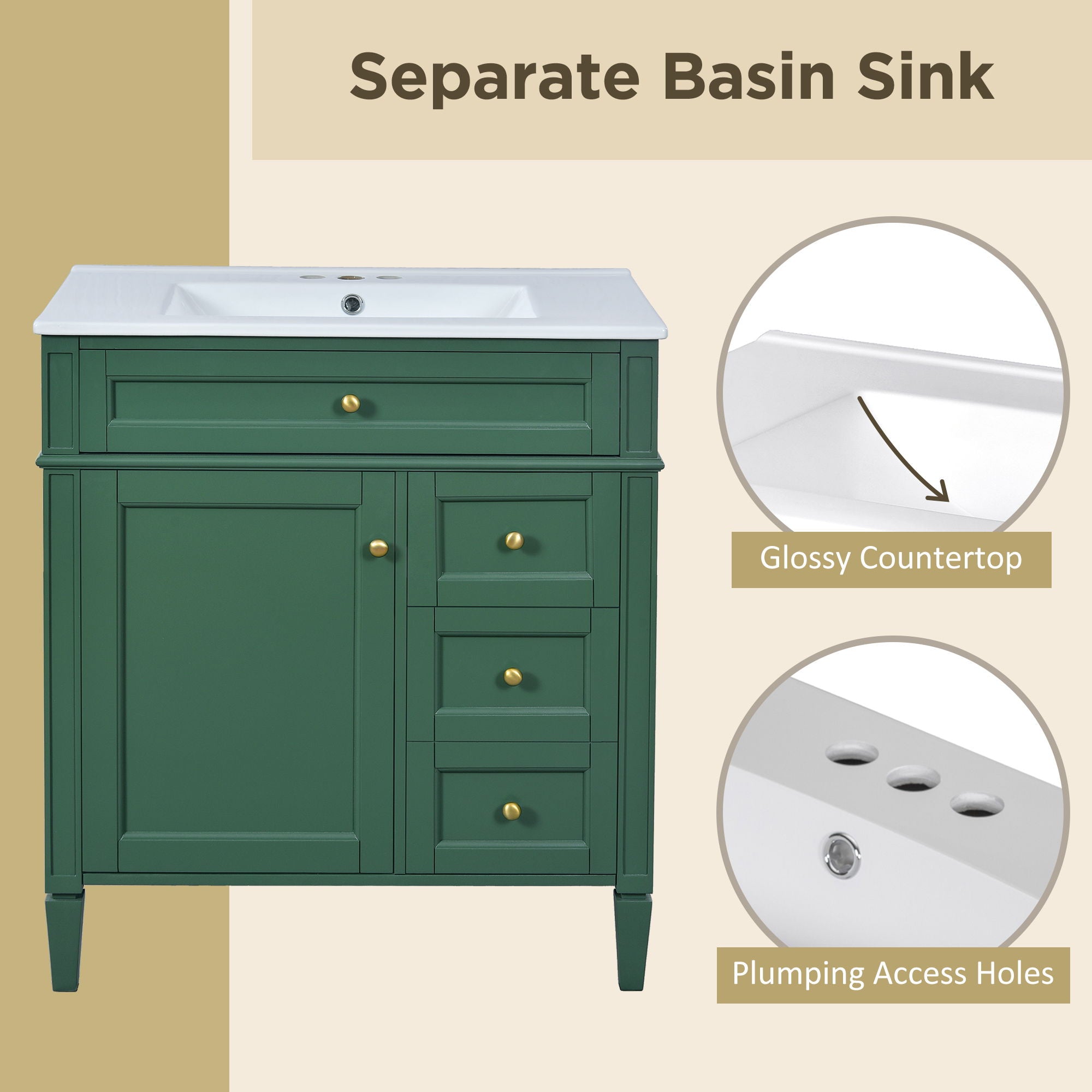 Bathroom Vanity With Top Sink, 2 Drawers & Tip Out Drawer