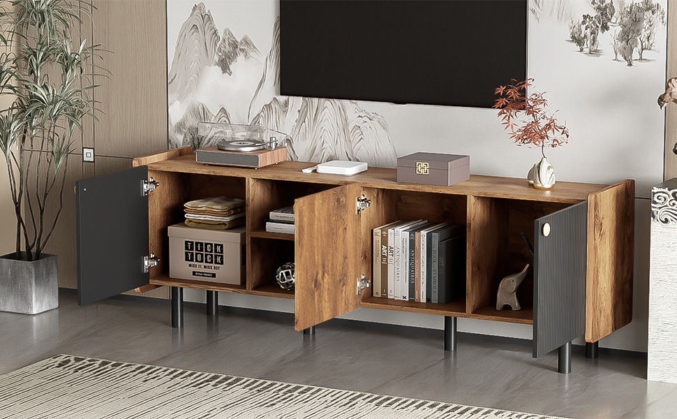 Mid Century TV Stand & 3 Cabinets, Media Console Table For Tvs Up To 70'', Entertainment Center With Storage For Living Room - Black / Brown