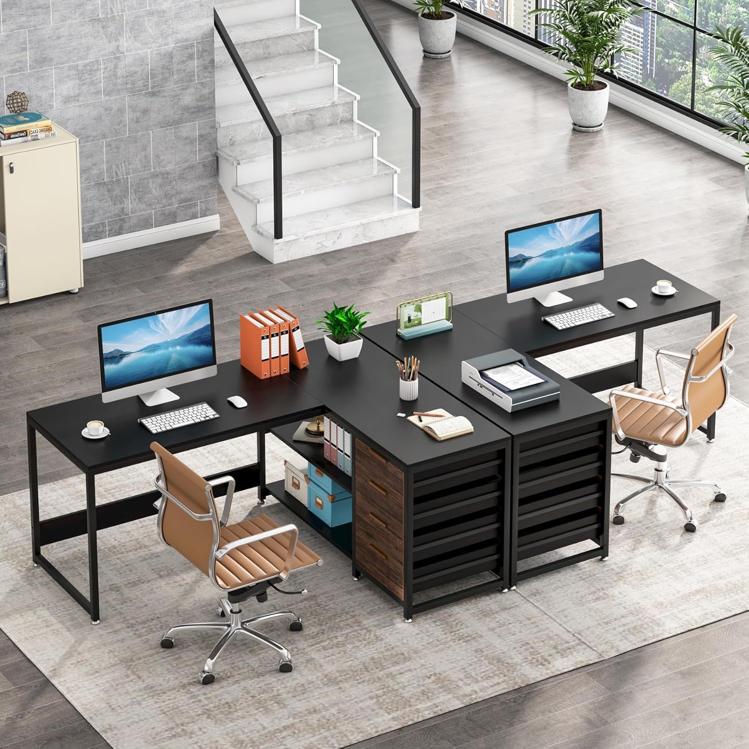 L-Shaped Computer Desk With Drawers And Shelves, Workstation For Home Office