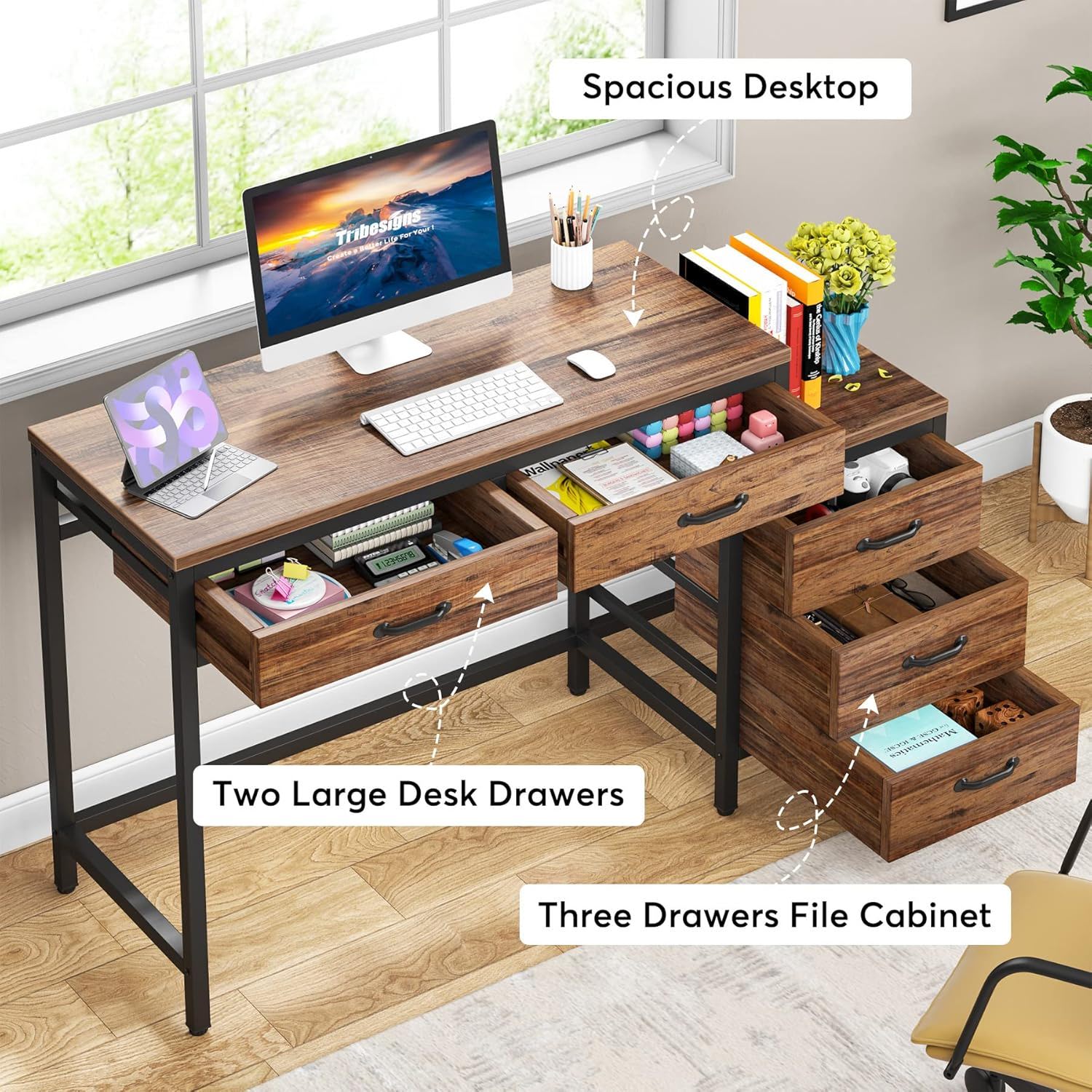 Computer Desk With Reversible 5 Drawer Storage, Frame Writing Table For Small Spaces