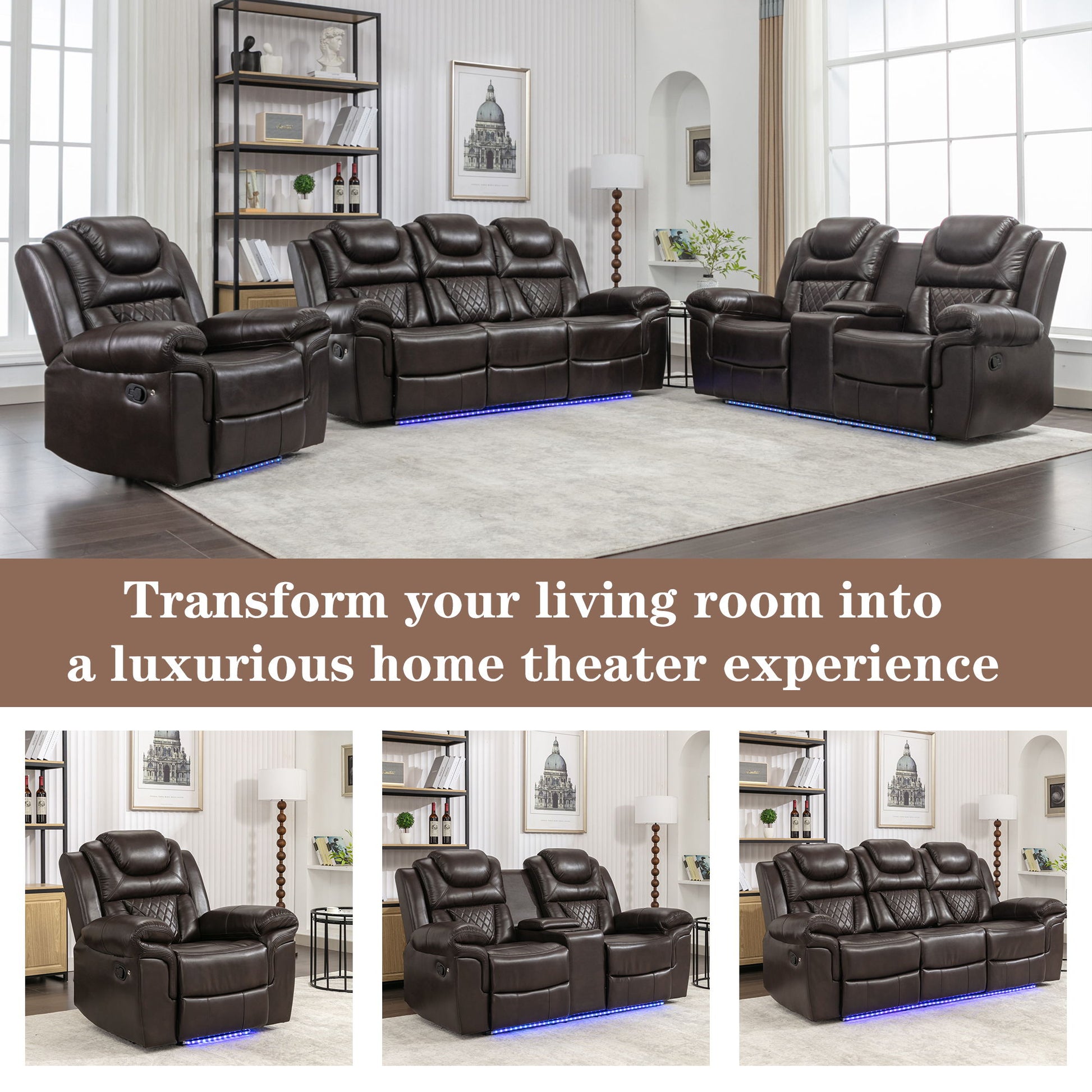 3 Pieces Recliner Sofa Sets Home Theater Seating Manual Recliner Chair With Center Console And LED Light Strip For Living Room - Best Buy Furniture