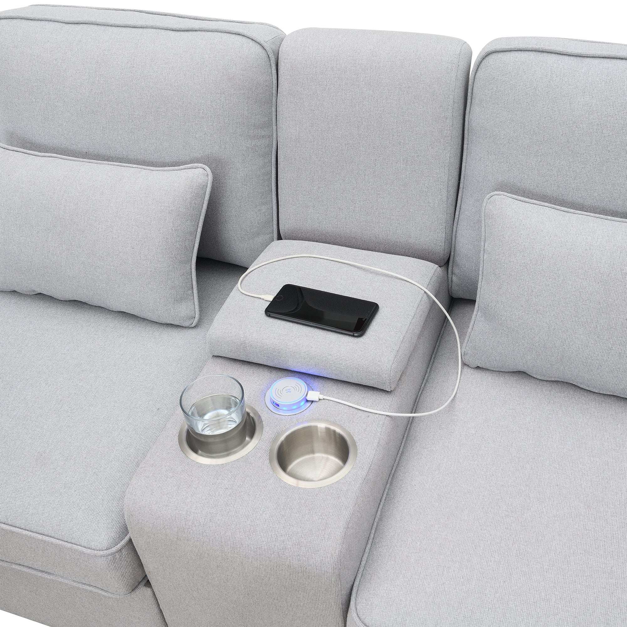 114.2" Modern Upholstered Sofa with Console, 4 Seats, Linen Fabric - Best Buy Furniture