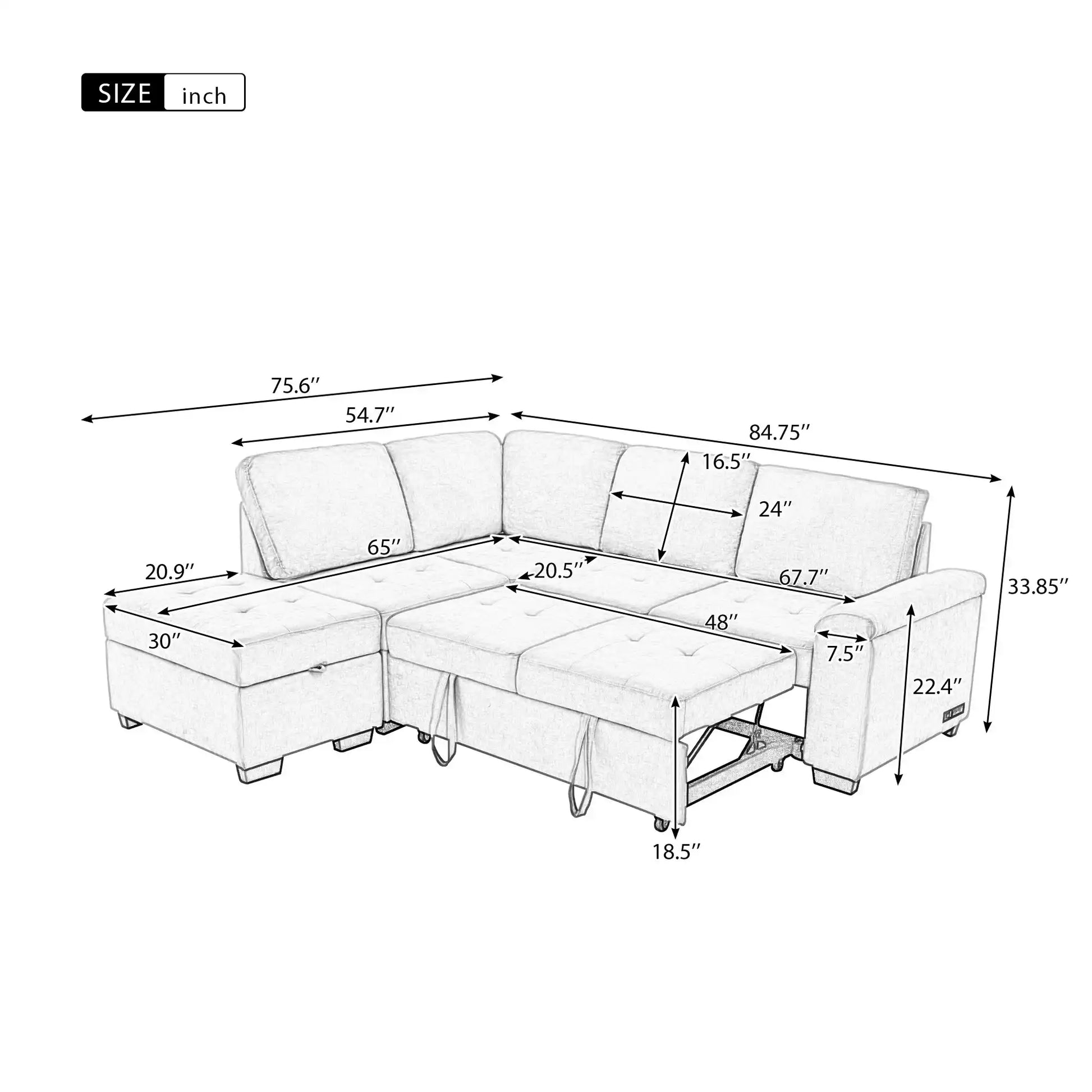 Sleeper Sectional Sofa, L-Shape Corner Couch Sofa-Bed with Storage Ottoman - Best Buy Furniture