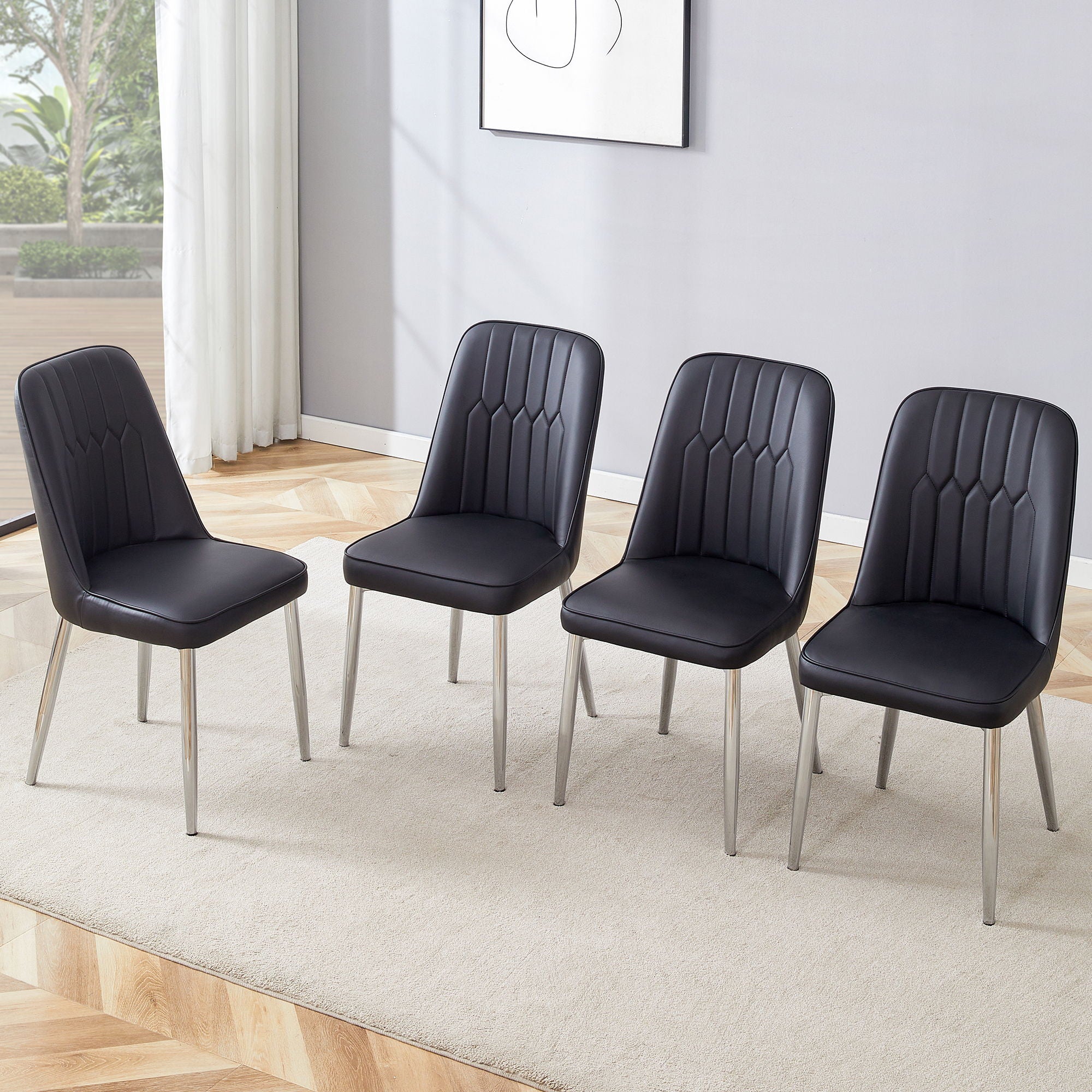 Modern Dining Chairs (Set of 4) With Backrest And Silver Metal Legs For Home And Office - Black