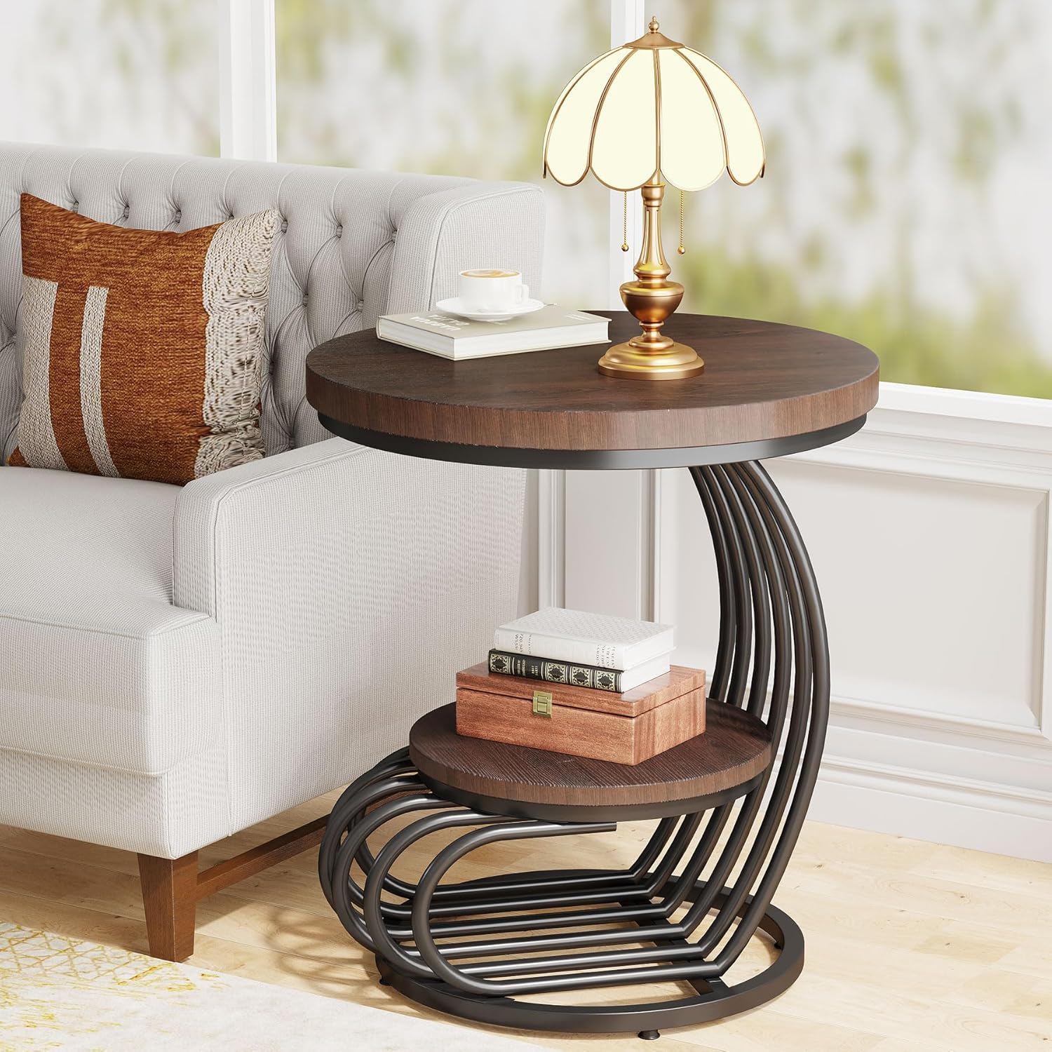 Round Vintage End Table With 2 Tier Storage