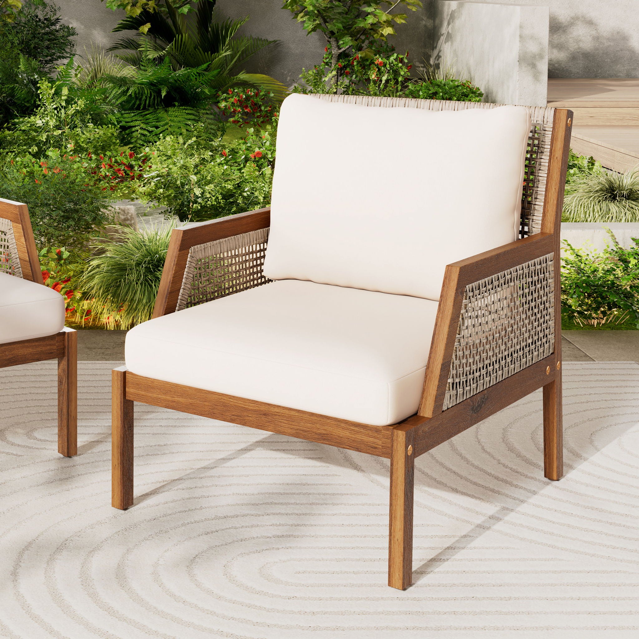 Acacia Wood Patio Furniture Club Chair, Outdoor Wicker Armchair, Deep Seating With Soft Cushions For Porch - Teak / Mix Brown