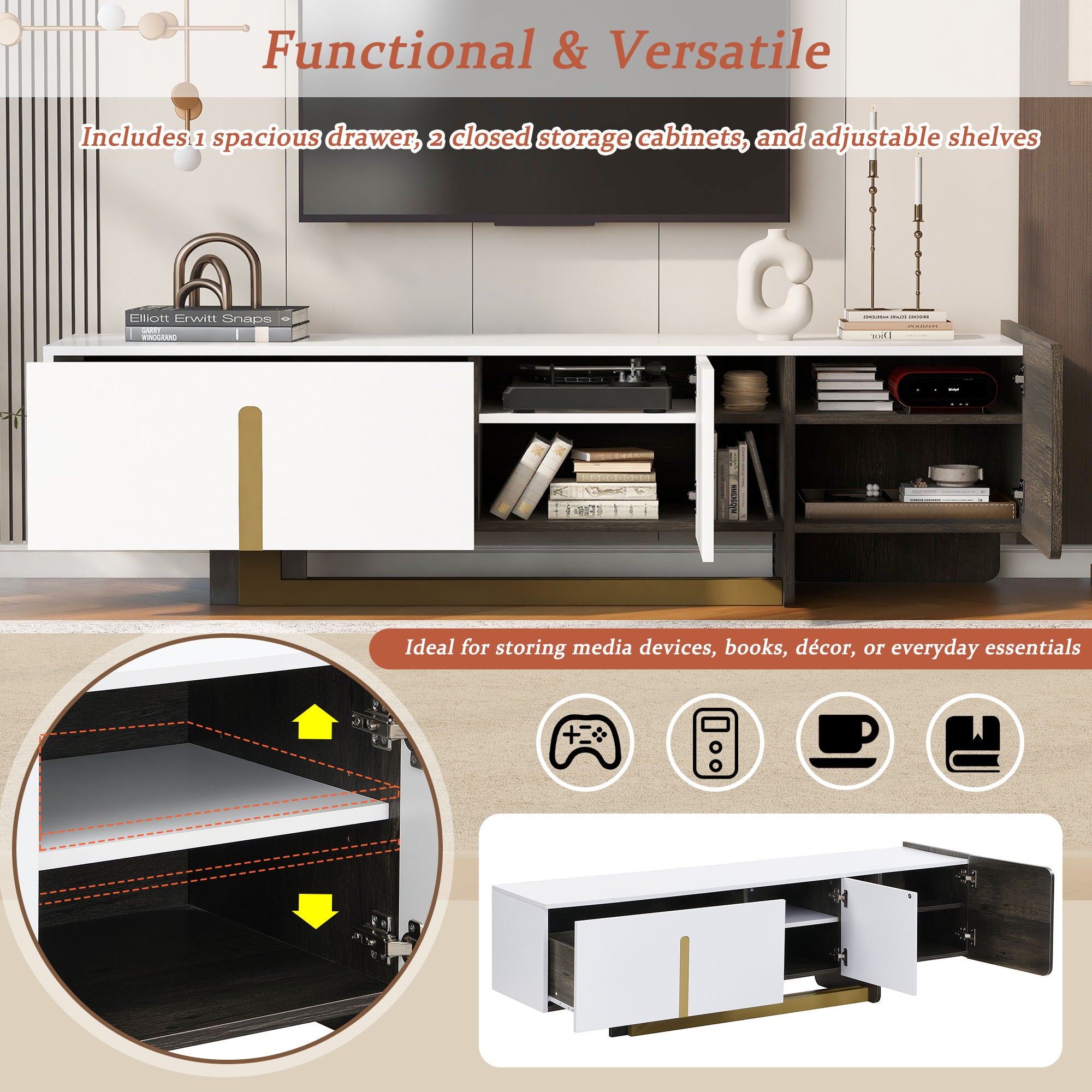 TV Stand With 1 Drawer, 2 Cabinets And Adjustable Shelves